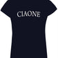 T-shirt donna streetwear cotone nero con scritta bianca CIAONE, stile urbano Street Style.