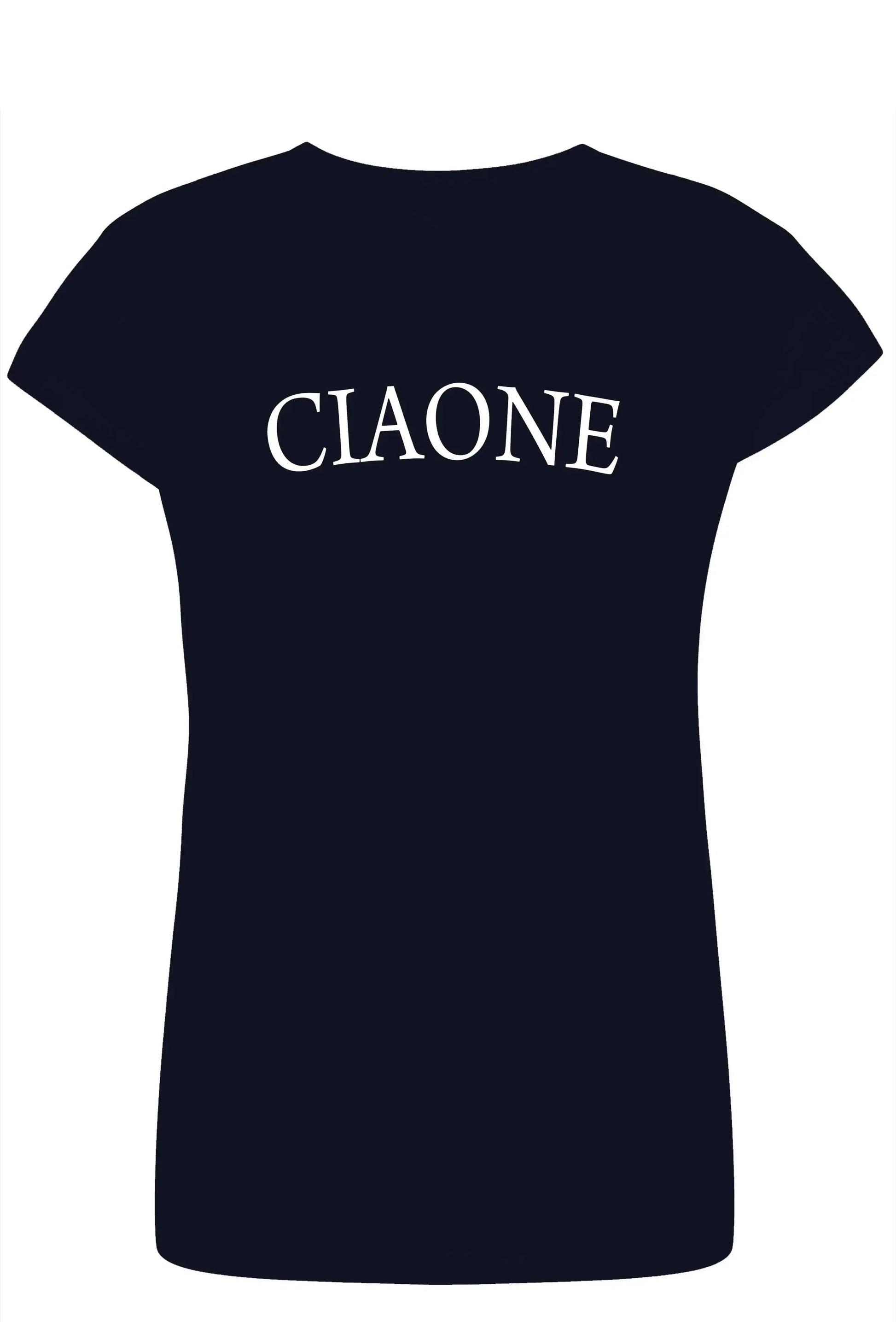 T-shirt donna streetwear cotone nero con scritta bianca CIAONE, stile urbano Street Style.
