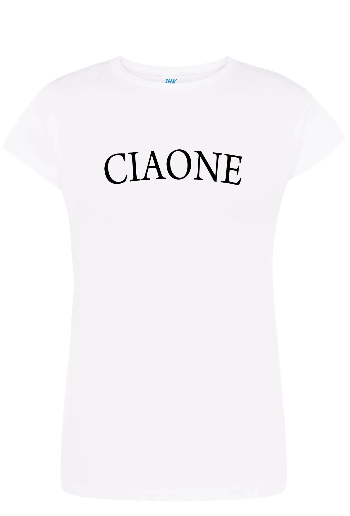 T-shirt donna bianca streetwear in cotone con scritta CIAONE, stile urban di Street Style Rimini