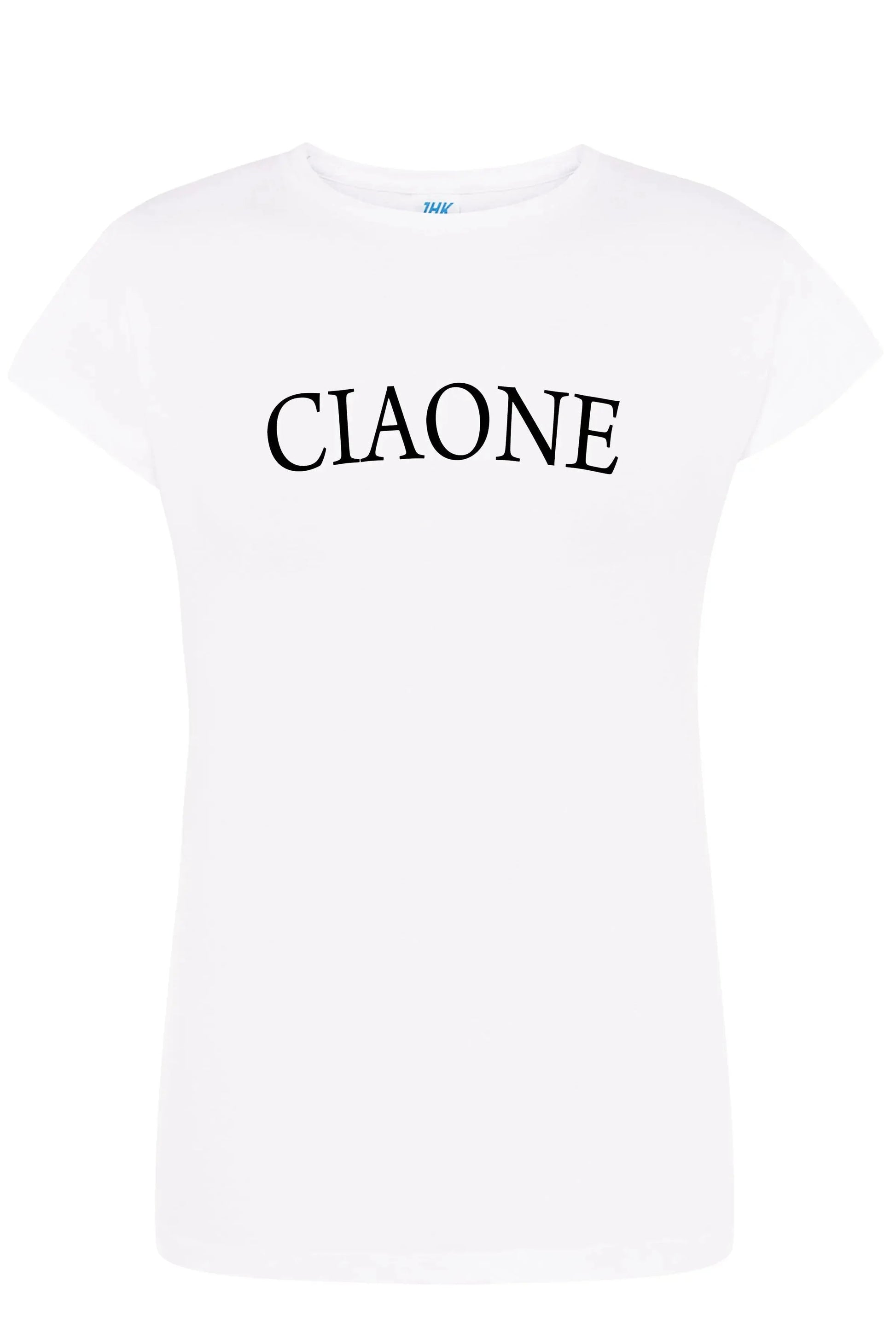 T-shirt donna bianca streetwear in cotone con scritta CIAONE, stile urban di Street Style Rimini