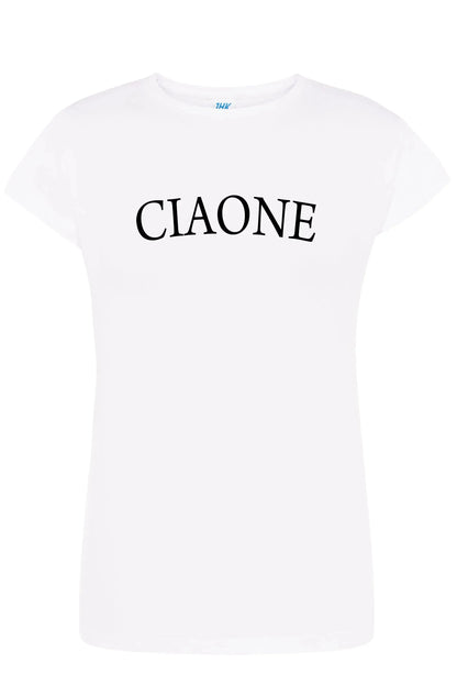 T-shirt donna bianca in cotone pettinato con scritta CIAONE, stile streetwear urban