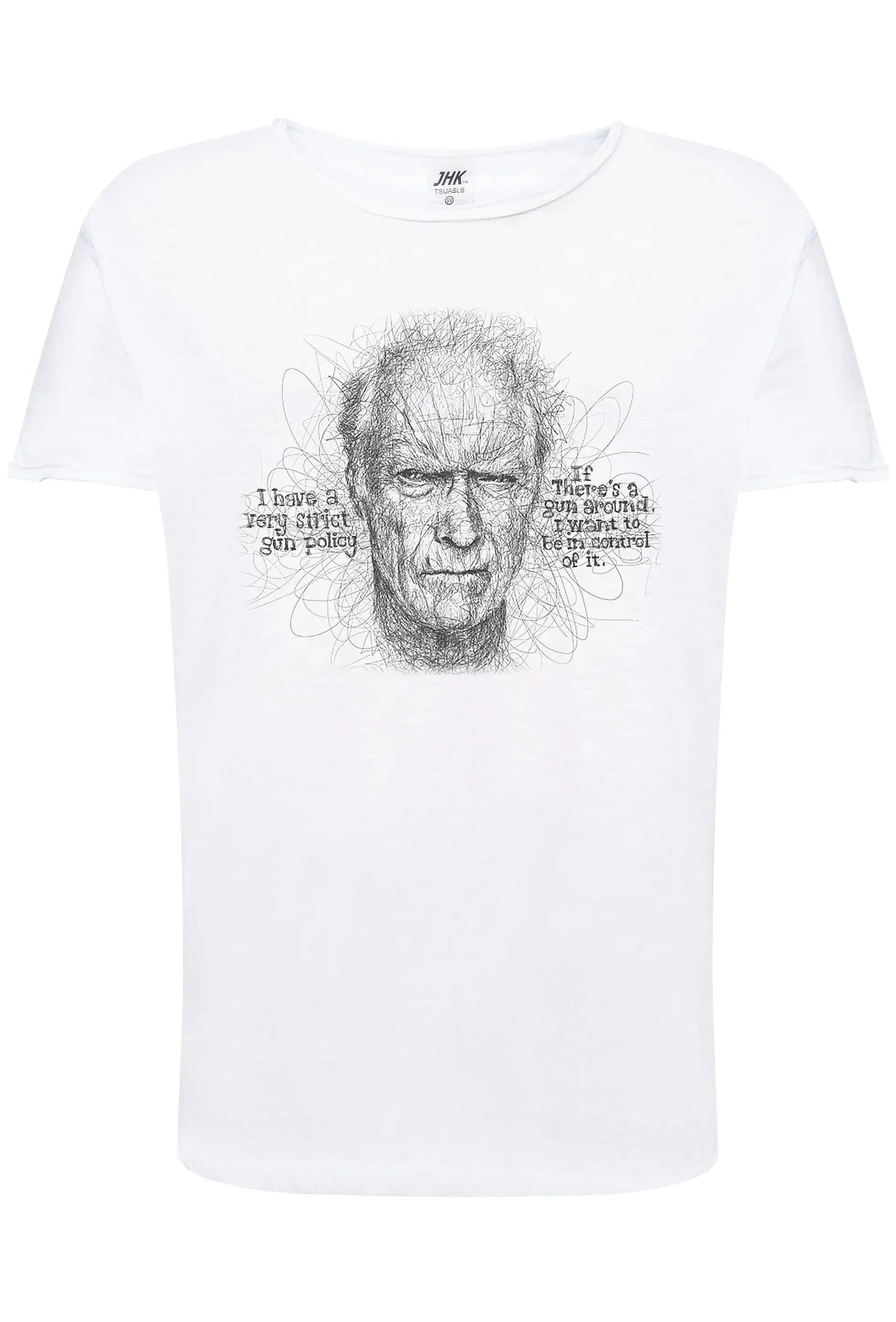 T-shirt bianca streetwear uomo con disegno artistico volto maschile e scritta, stile urban.