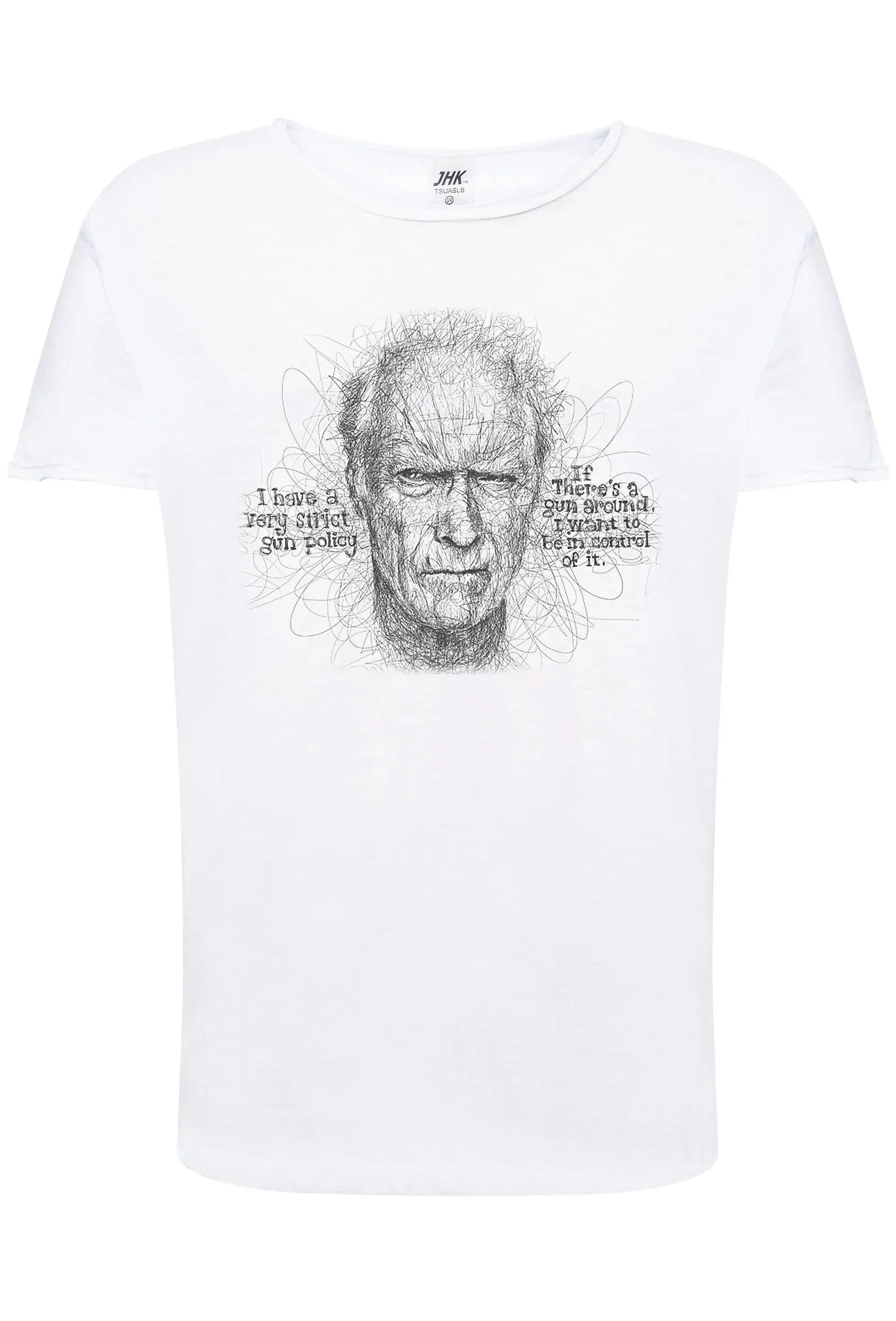T-shirt bianca streetwear uomo con disegno artistico volto maschile e scritta, stile urban.