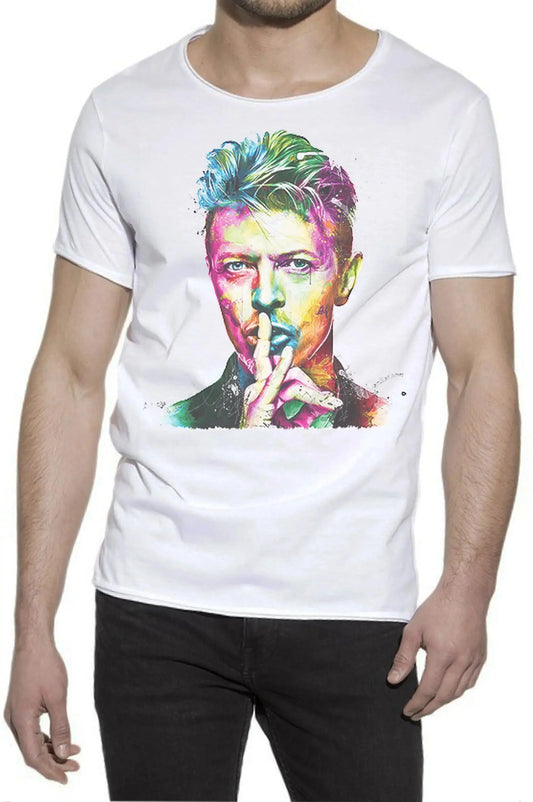 T-shirt uomo cotone bianco streetwear con stampa colorata di un famoso volto icona urban