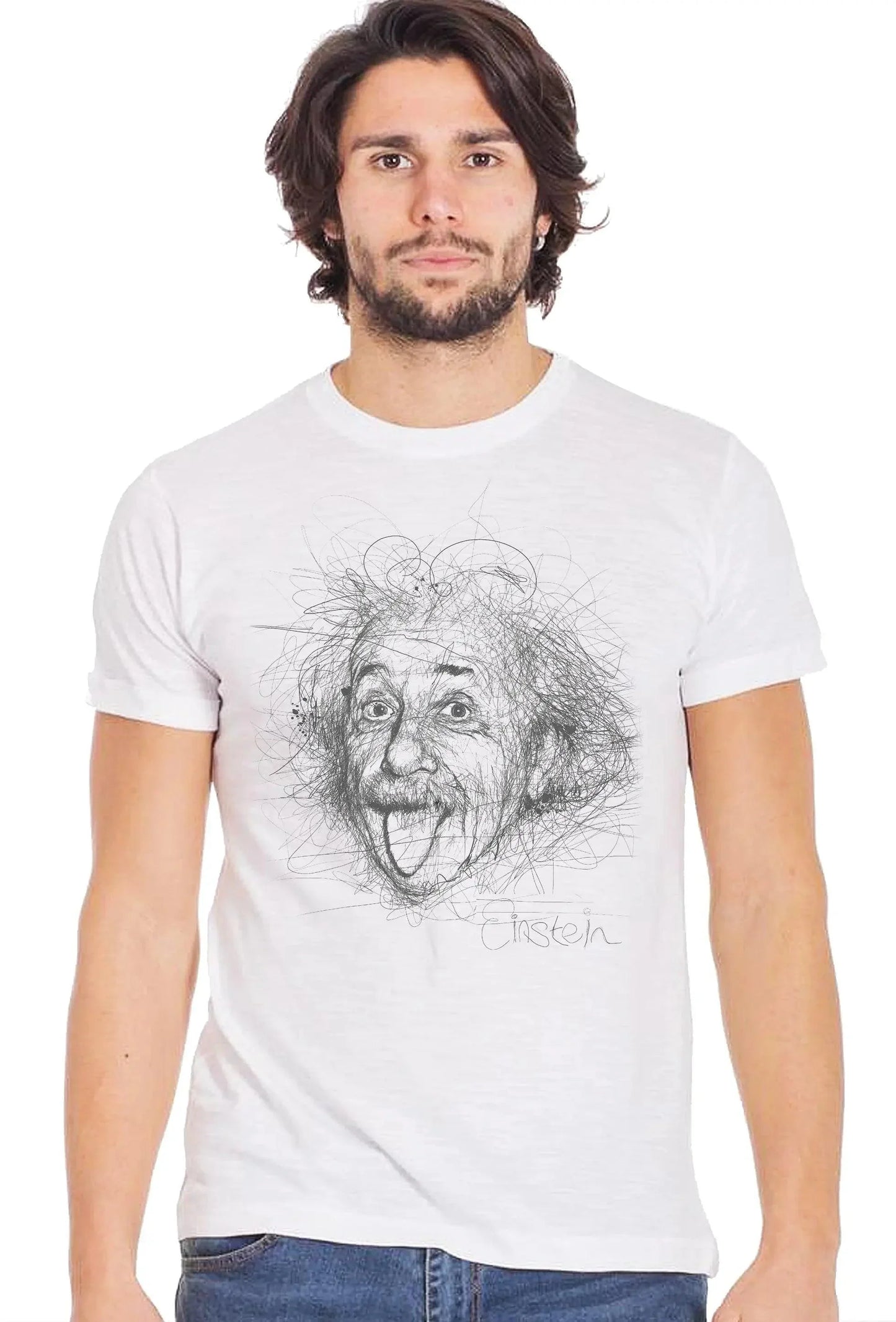 T-shirt bianca streetwear uomo con illustrazione stilizzata, imitazione Einstein, cotone fiammato