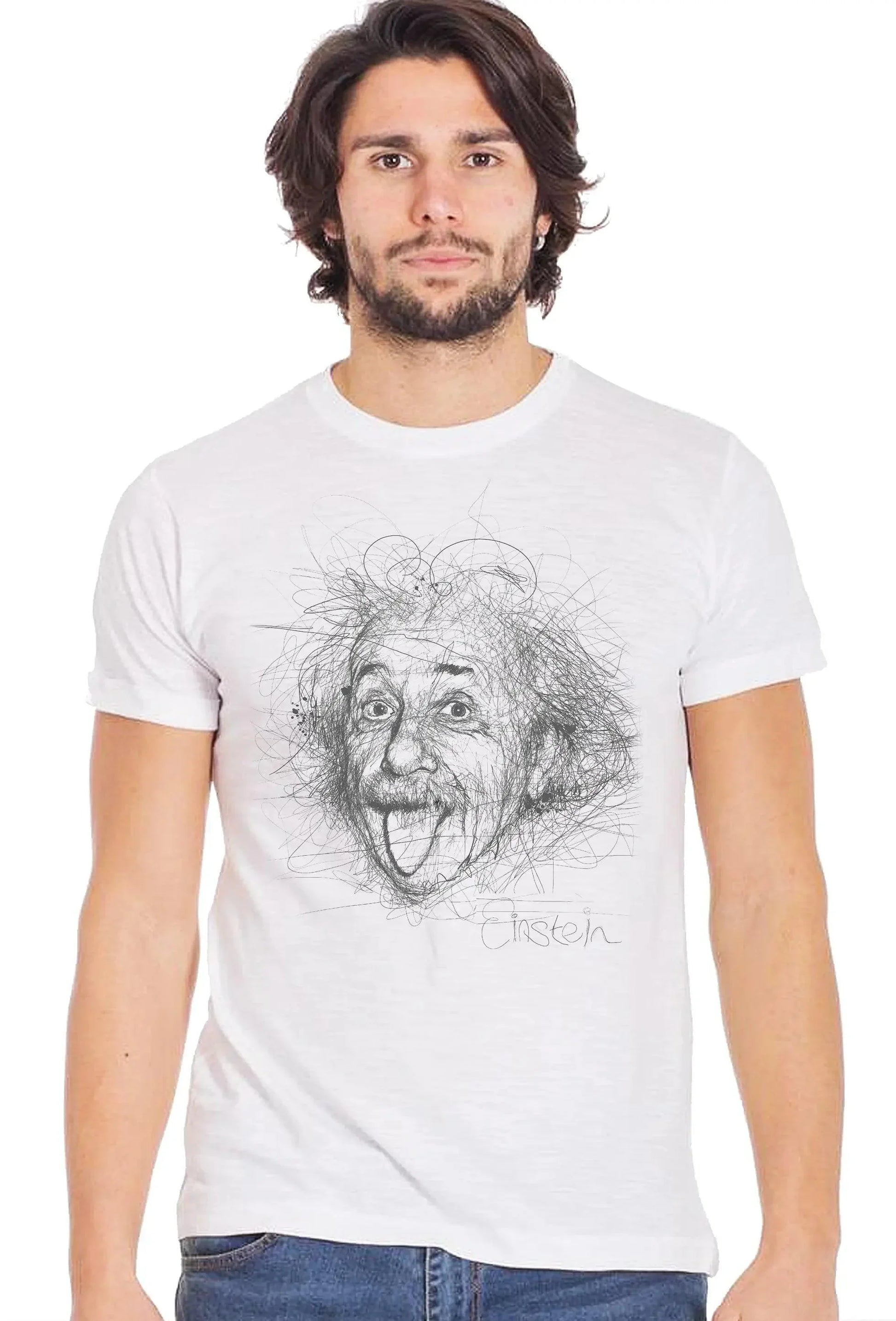 T-shirt bianca streetwear uomo con illustrazione stilizzata, imitazione Einstein, cotone fiammato