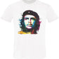 T-shirt bianca streetwear uomo con stampa artistica multicolore di volto iconico, stile urban