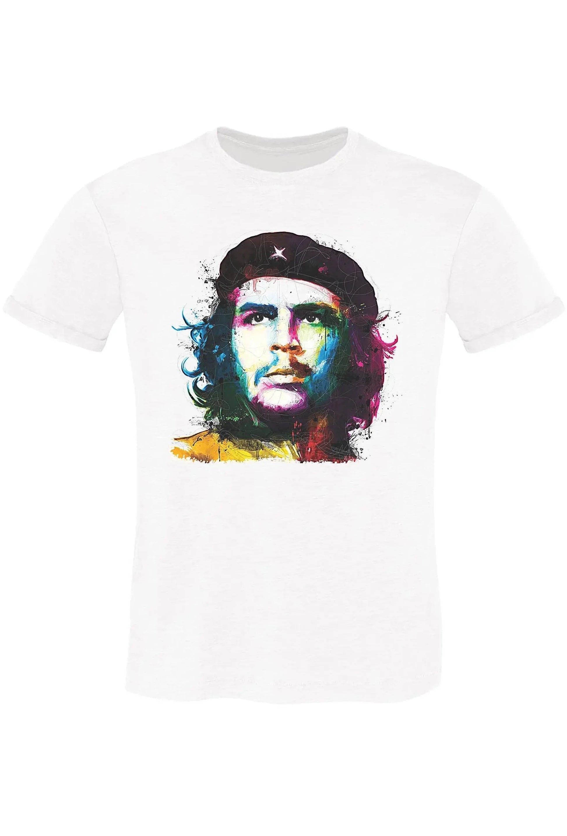 T-shirt bianca streetwear uomo con stampa artistica multicolore di volto iconico, stile urban