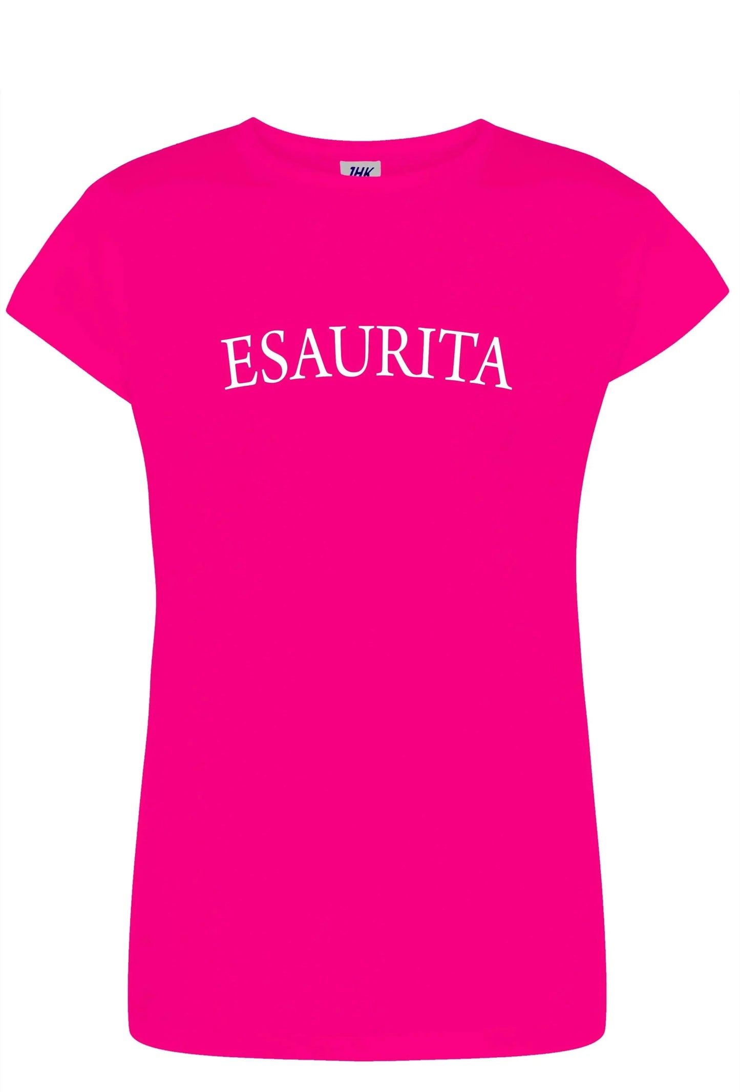 T-shirt donna streetwear fucsia con scritta ESAURITA in cotone pettinato
