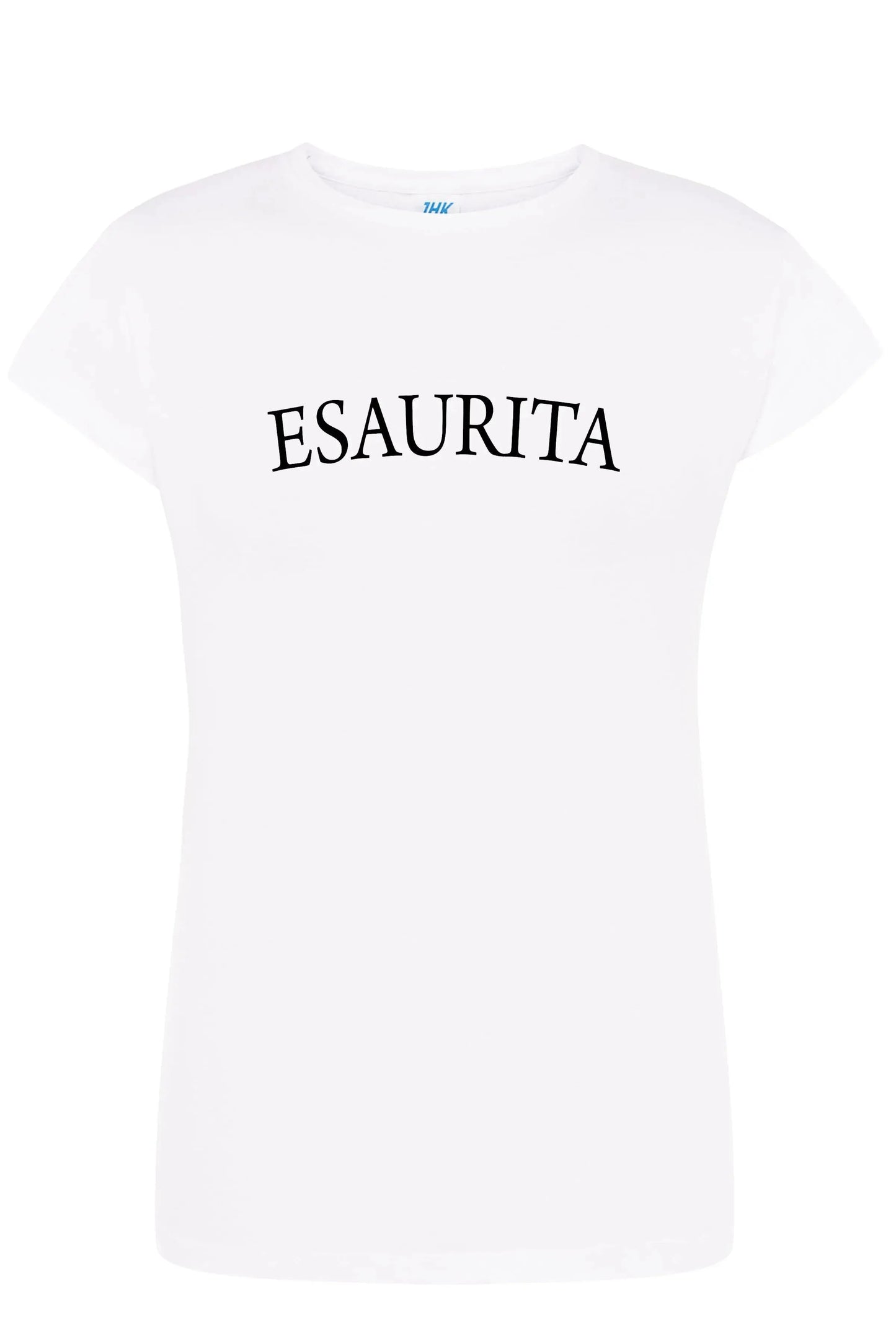 T-shirt donna bianca street style con scritta ESAURITA, 100% cotone pettinato