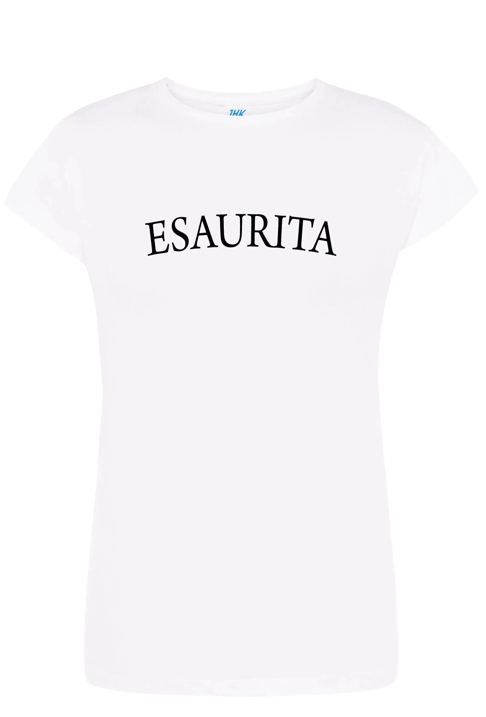 T-shirt donna bianca street style con scritta ESAURITA, 100% cotone pettinato