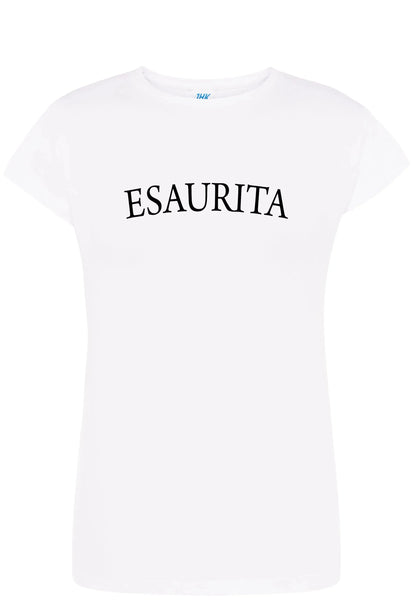 T-shirt donna bianca in cotone pettinato con scritta ESaurita, stile streetwear urban