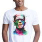 Maglietta street style bianca con stampa colorata di Frankenstein, uomo moda urban.