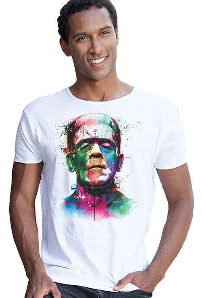 T-shirt uomo bianco in cotone fiammato con stampa colorata di ritratto stile streetwear