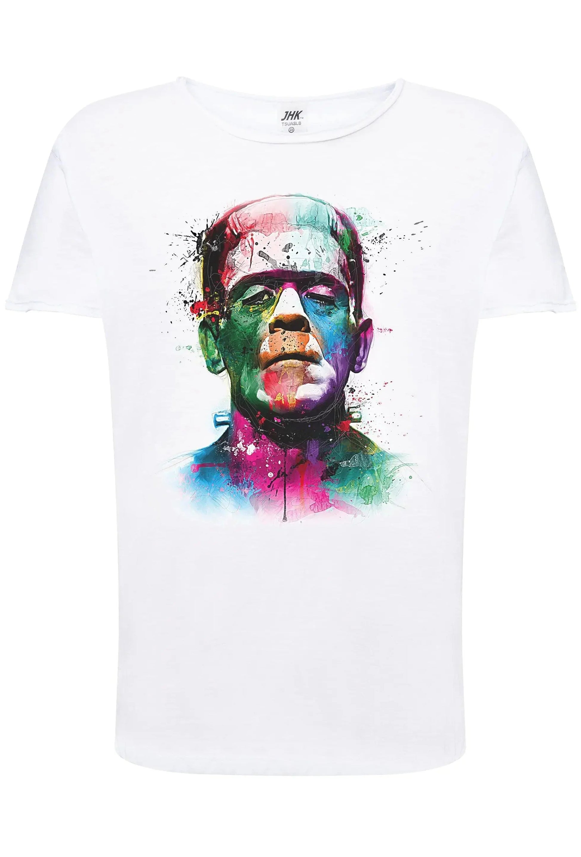 T-shirt bianca streetwear con stampa colorata artista stile Frankenstein, uomo, cotone