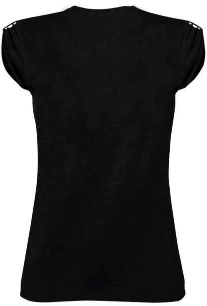 Maglietta donna streetwear nera in cotone fiammato, maniche corte con dettagli traforati