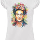 T-shirt donna streetwear bianca con stampa artistica colorata di volto femminile e fiori, stile urban