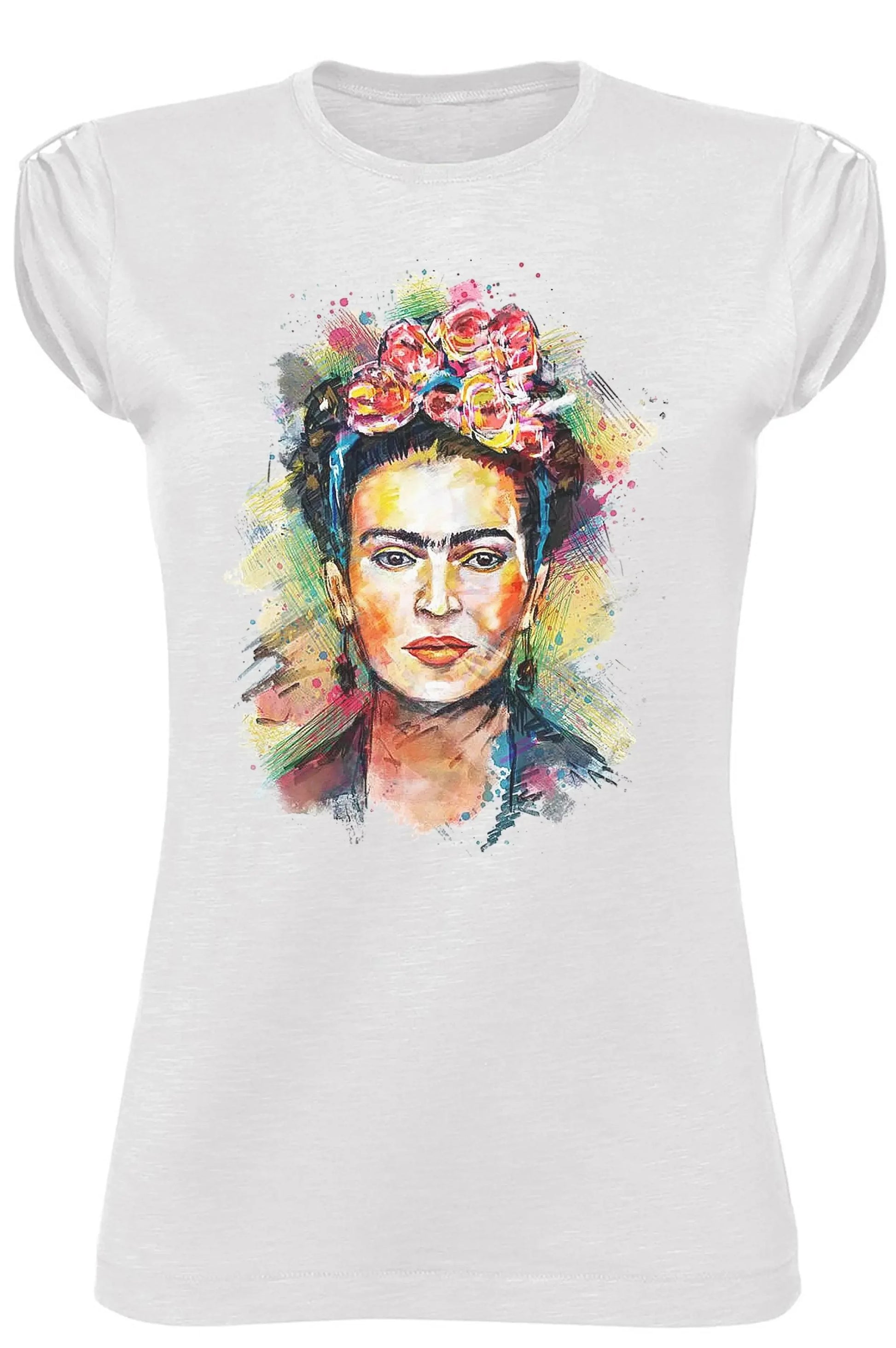 T-shirt donna streetwear bianca con stampa artistica colorata di volto femminile e fiori, stile urban