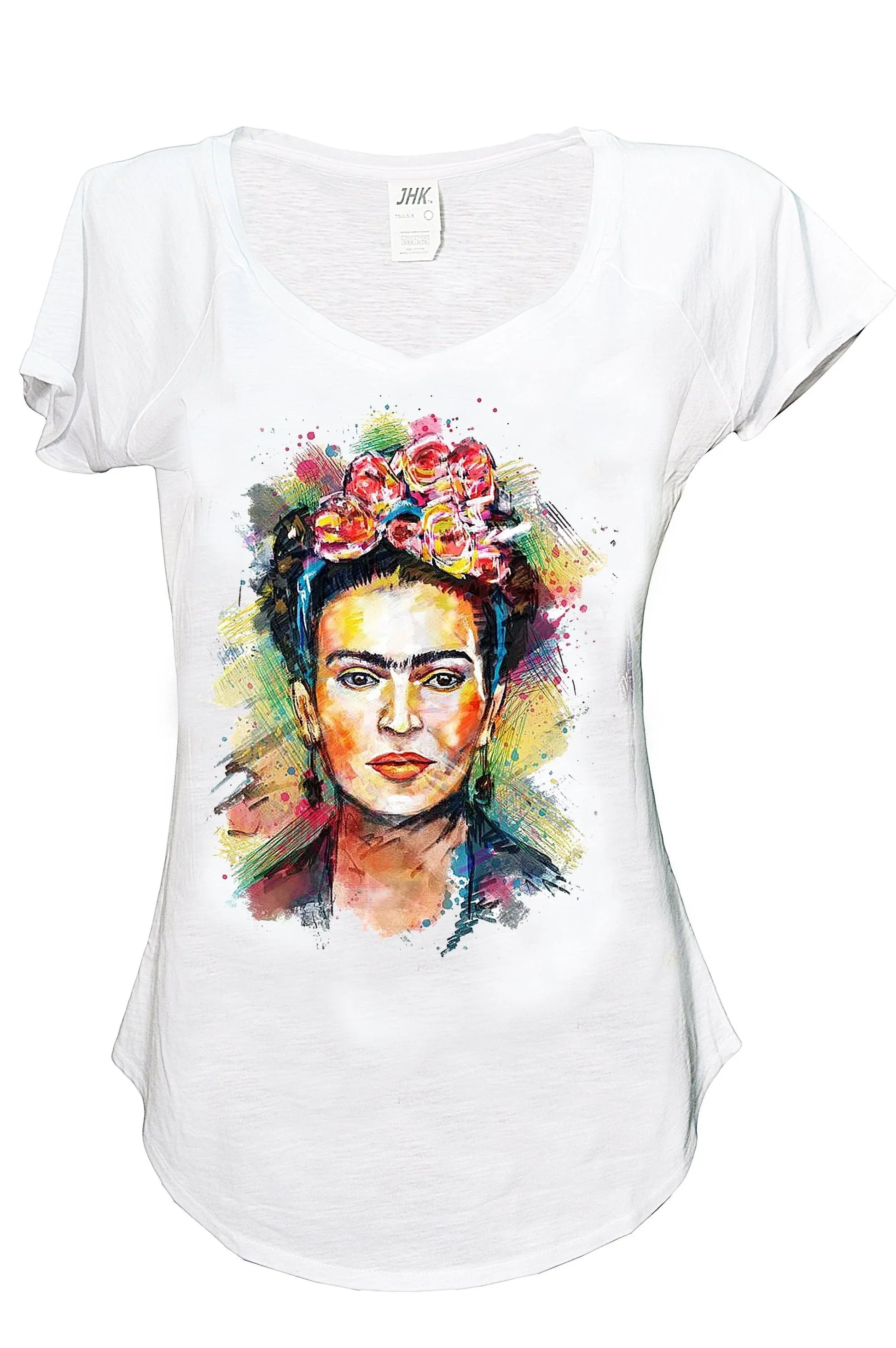 T-shirt donna bianca streetwear con ritratto colorato stilizzato, stile urban e arte pop