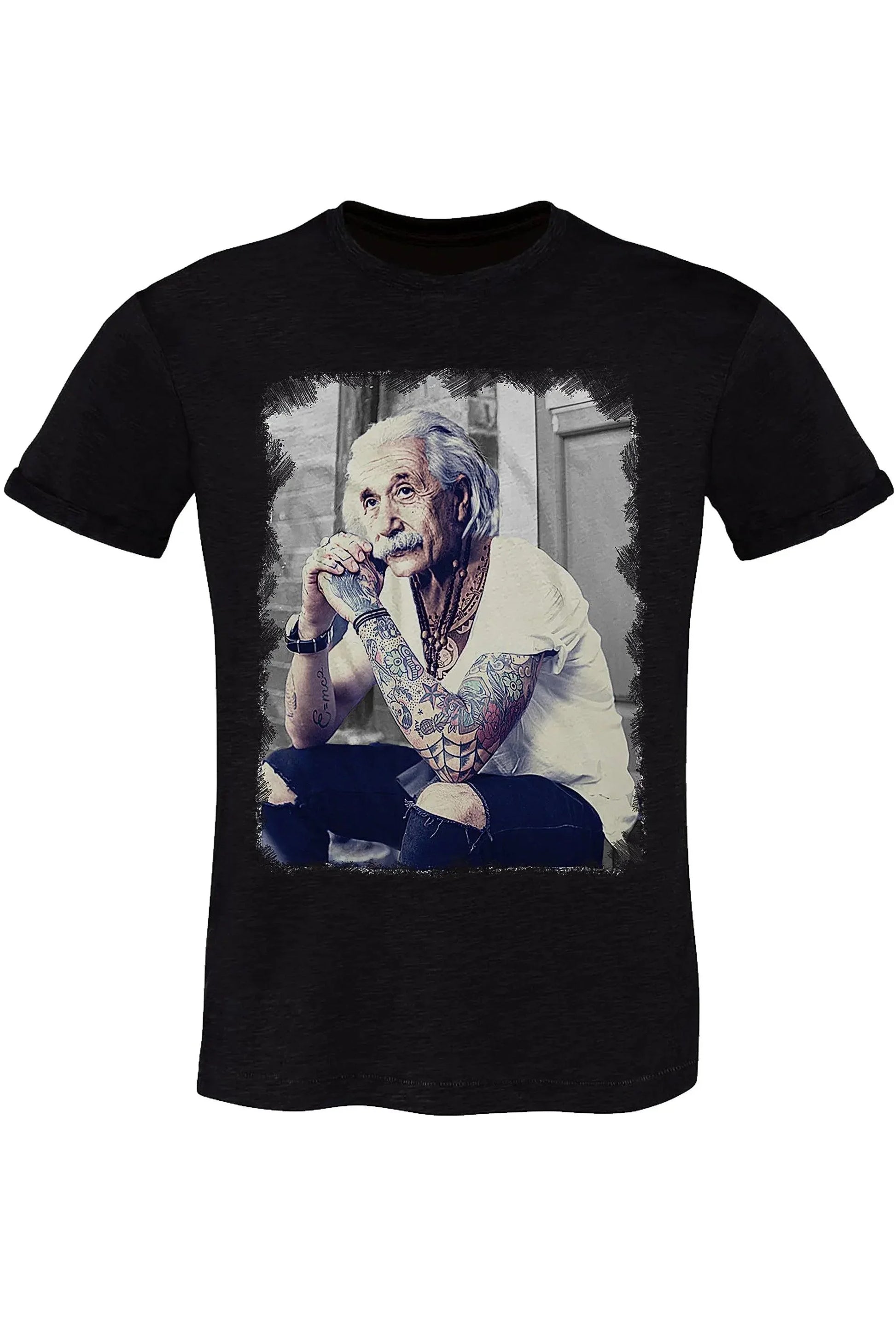 T-shirt streetwear nera con stampa uomo anziano tatuato stile urban, cotone artigianale