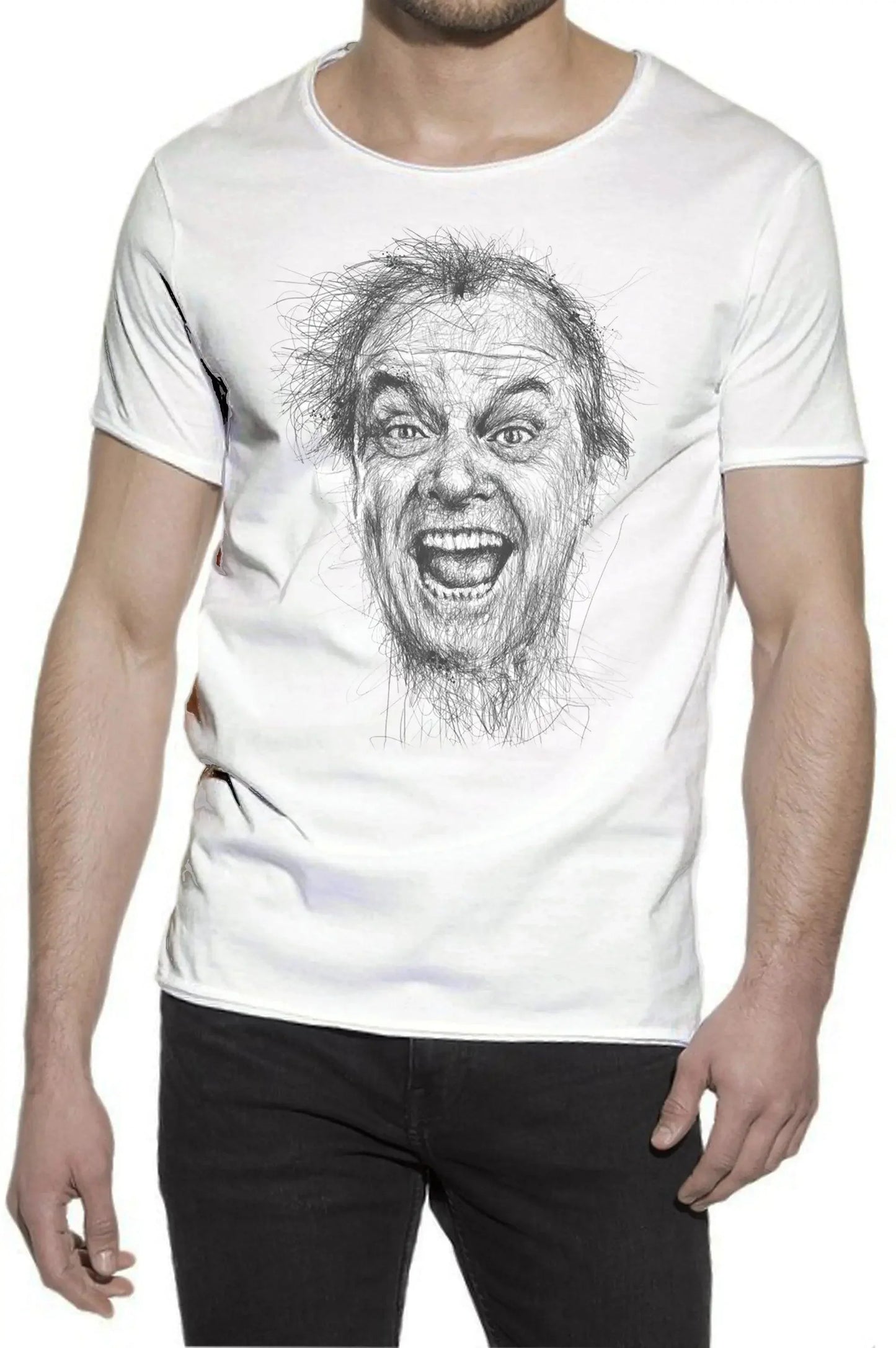 T-shirt uomo bianca streetwear cotone, stampa volto espressivo, stile urban fashion