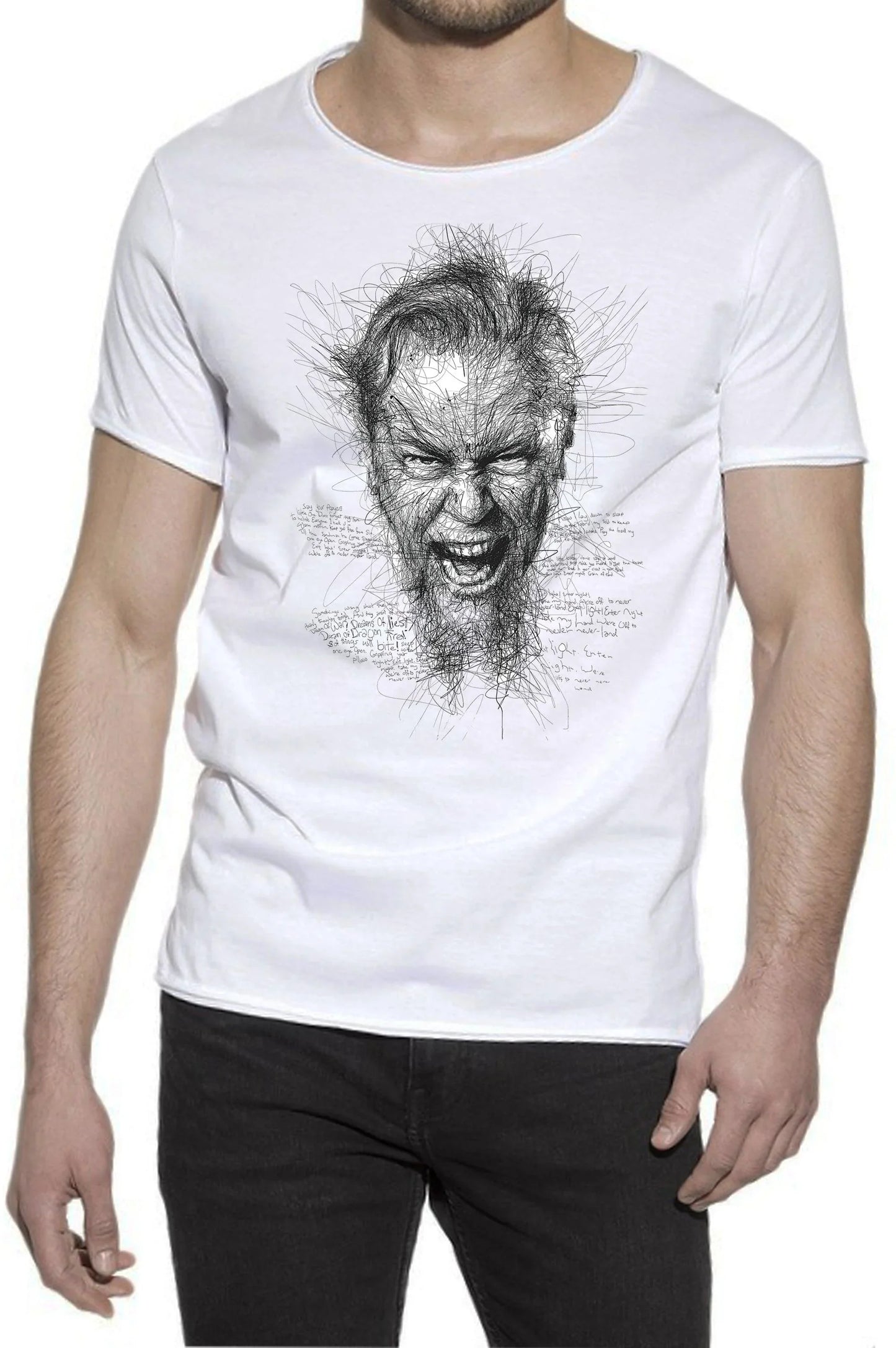 Maglietta streetwear uomo bianca con stampa artistica volto stilizzato, stile urban fashion