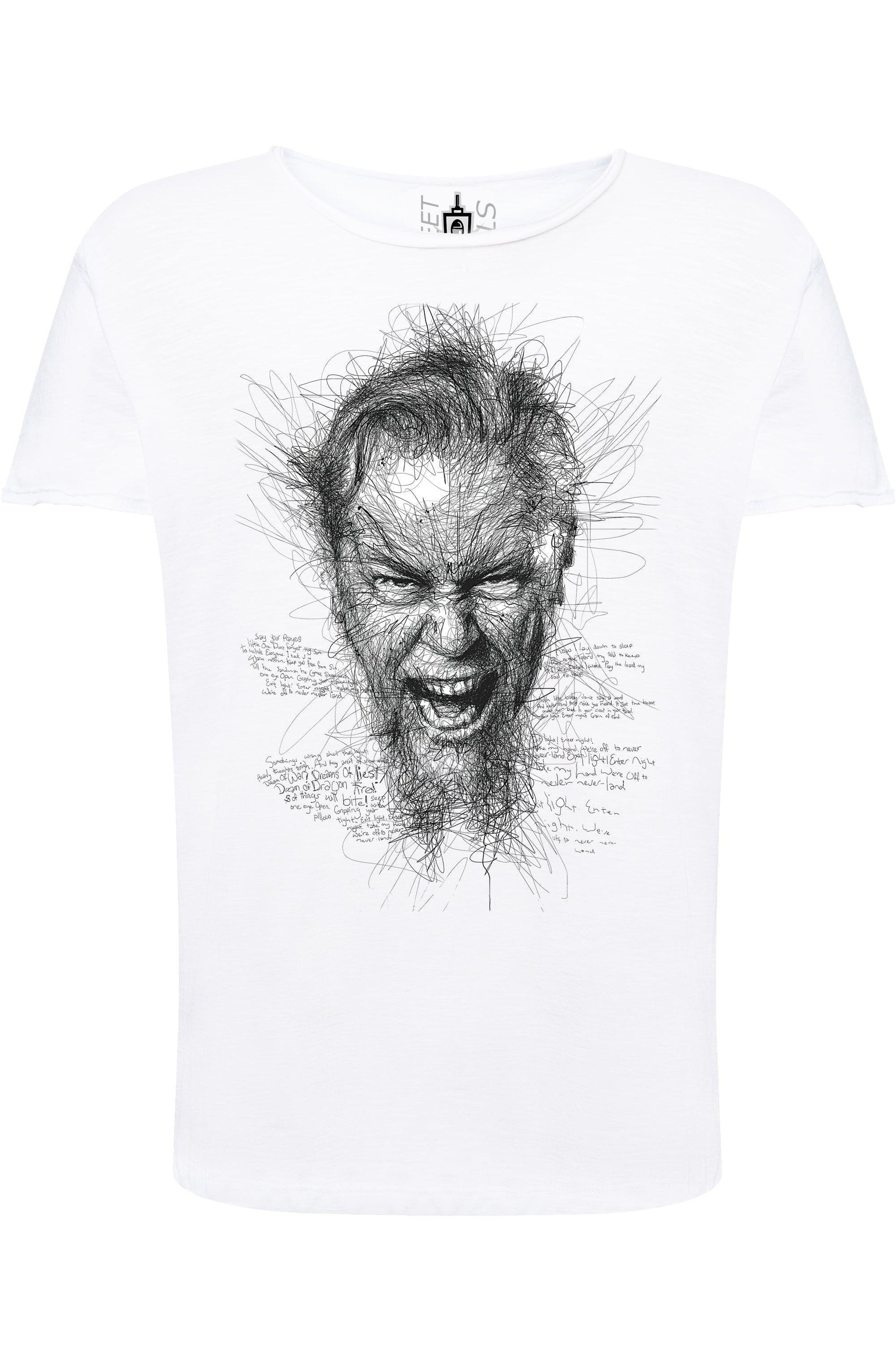 T-shirt uomo bianca streetwear cotone con illustrazione artistica stilizzata volto arrabbiato