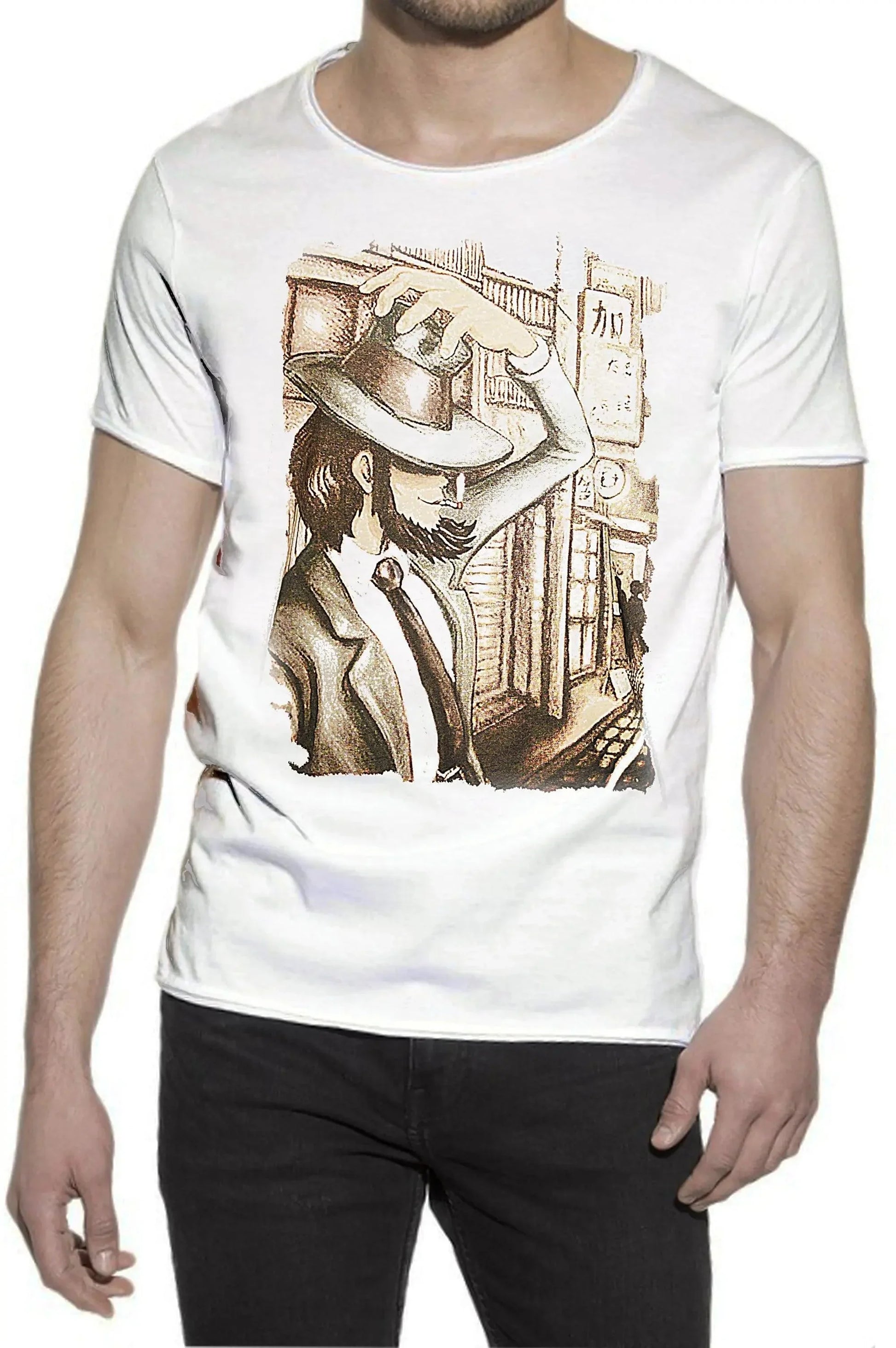 T-shirt bianca uomo cotone con stampa street style urban, illustrazione vintage cappello e città