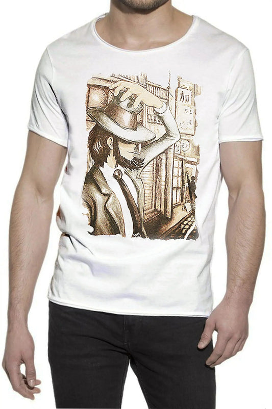 T-shirt bianca uomo cotone con stampa street style urban, illustrazione vintage cappello e città