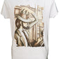 T-shirt uomo bianca in cotone fiammato con stampa street style urban illustrata