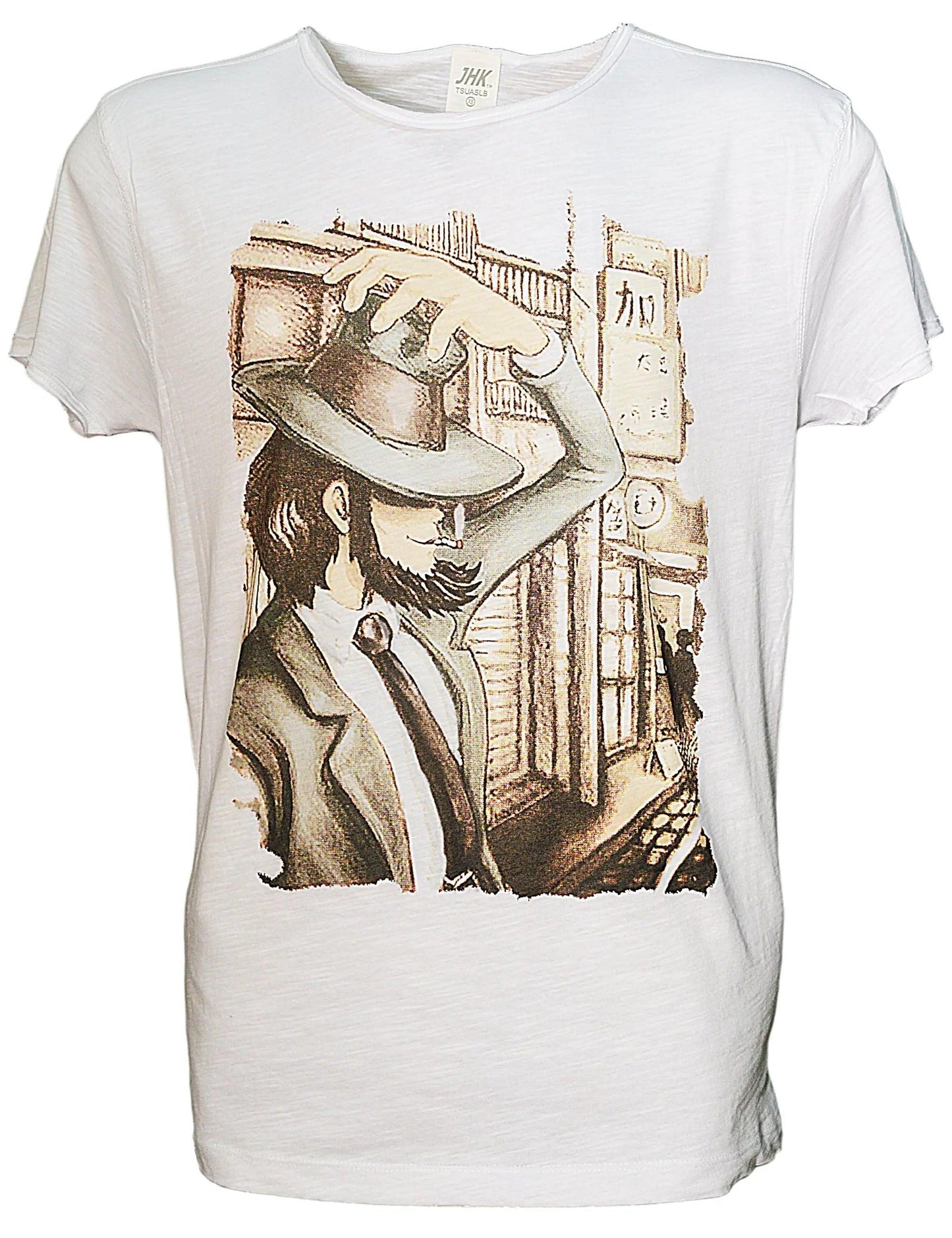 T-shirt uomo bianca in cotone fiammato con stampa street style urban illustrata