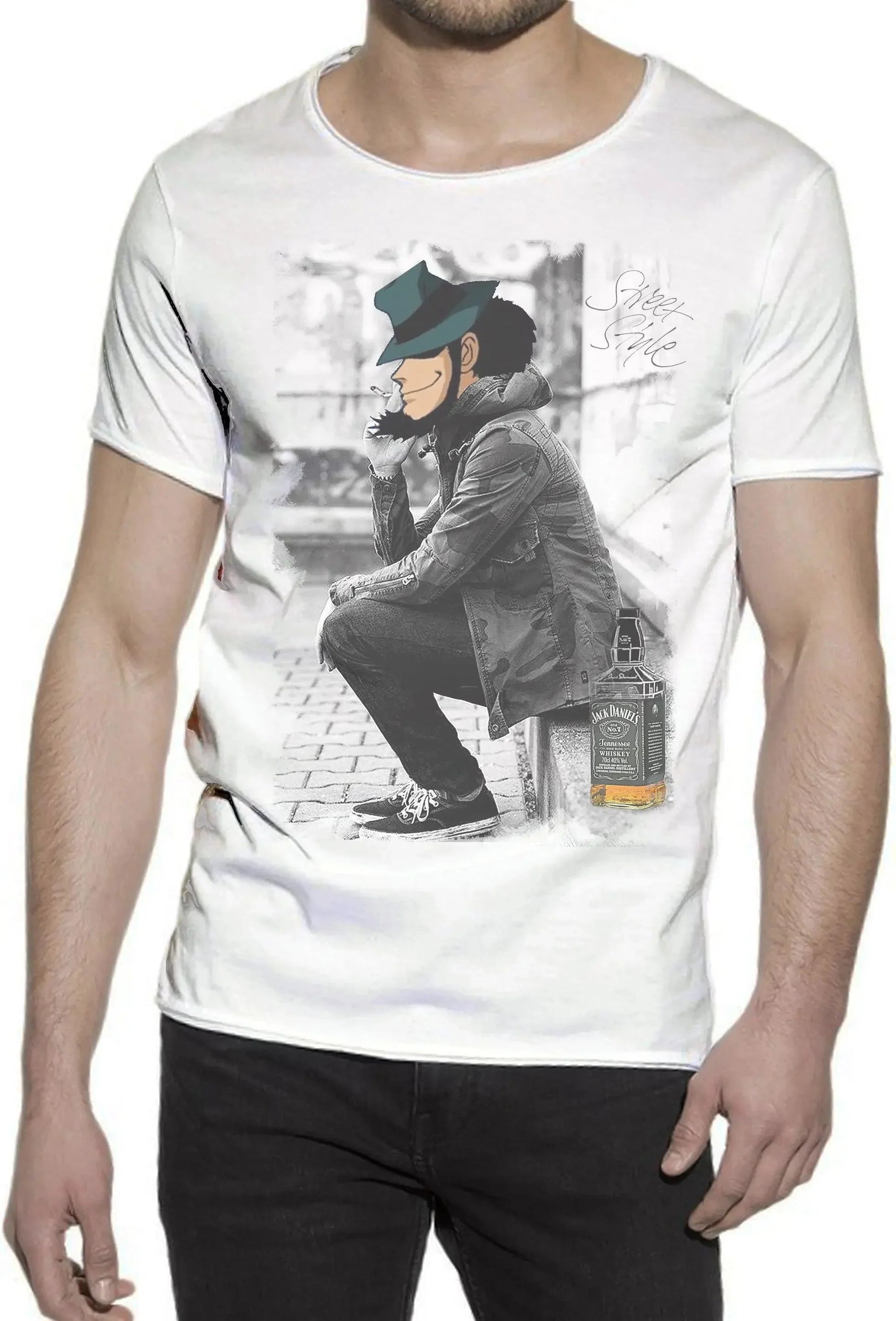 T-shirt streetwear uomo bianca con stampa urban cartoon, stile street style Rimini.