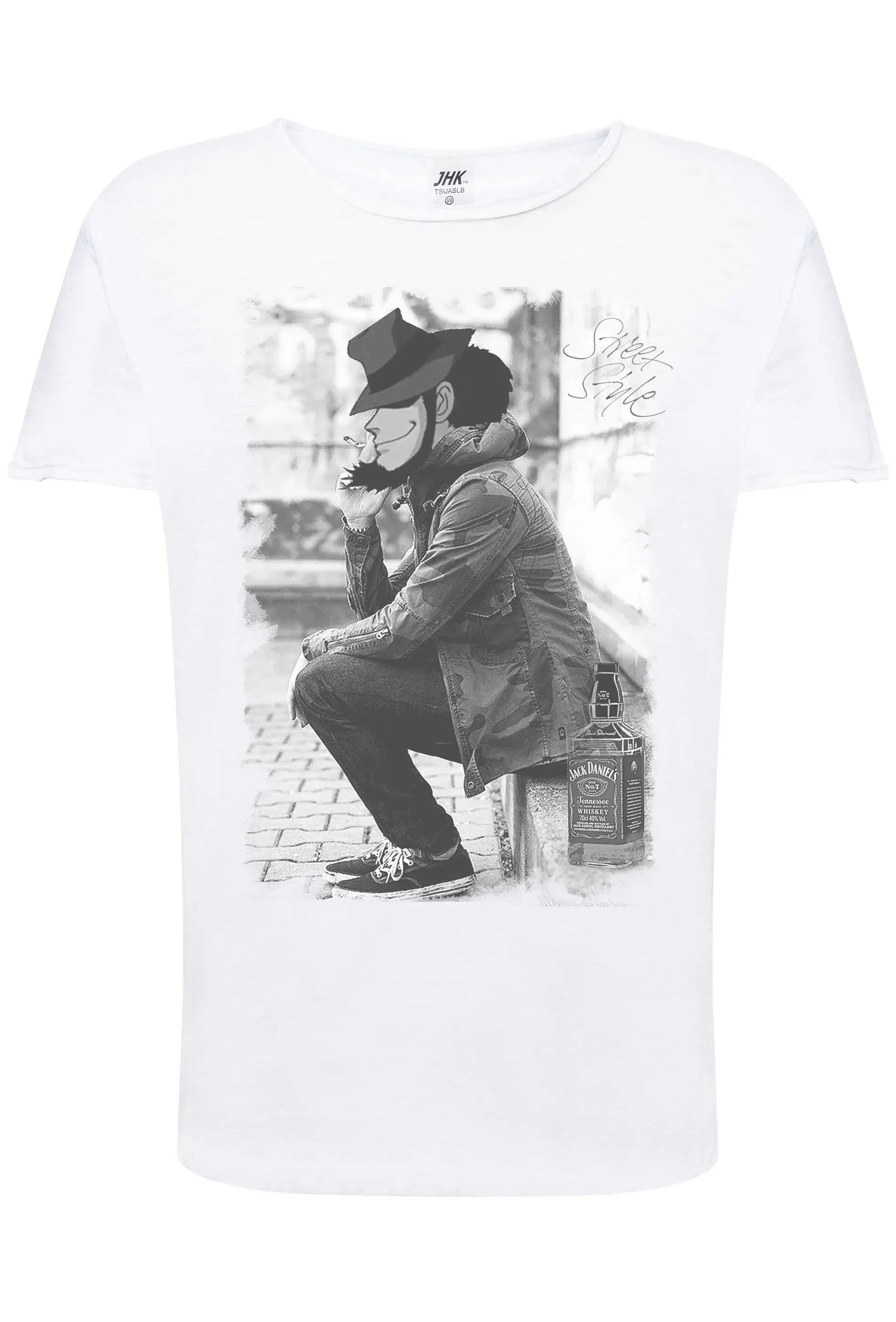 T-shirt bianca streetwear uomo, stampa urban grigia con personaggio cartoon e stile street style.