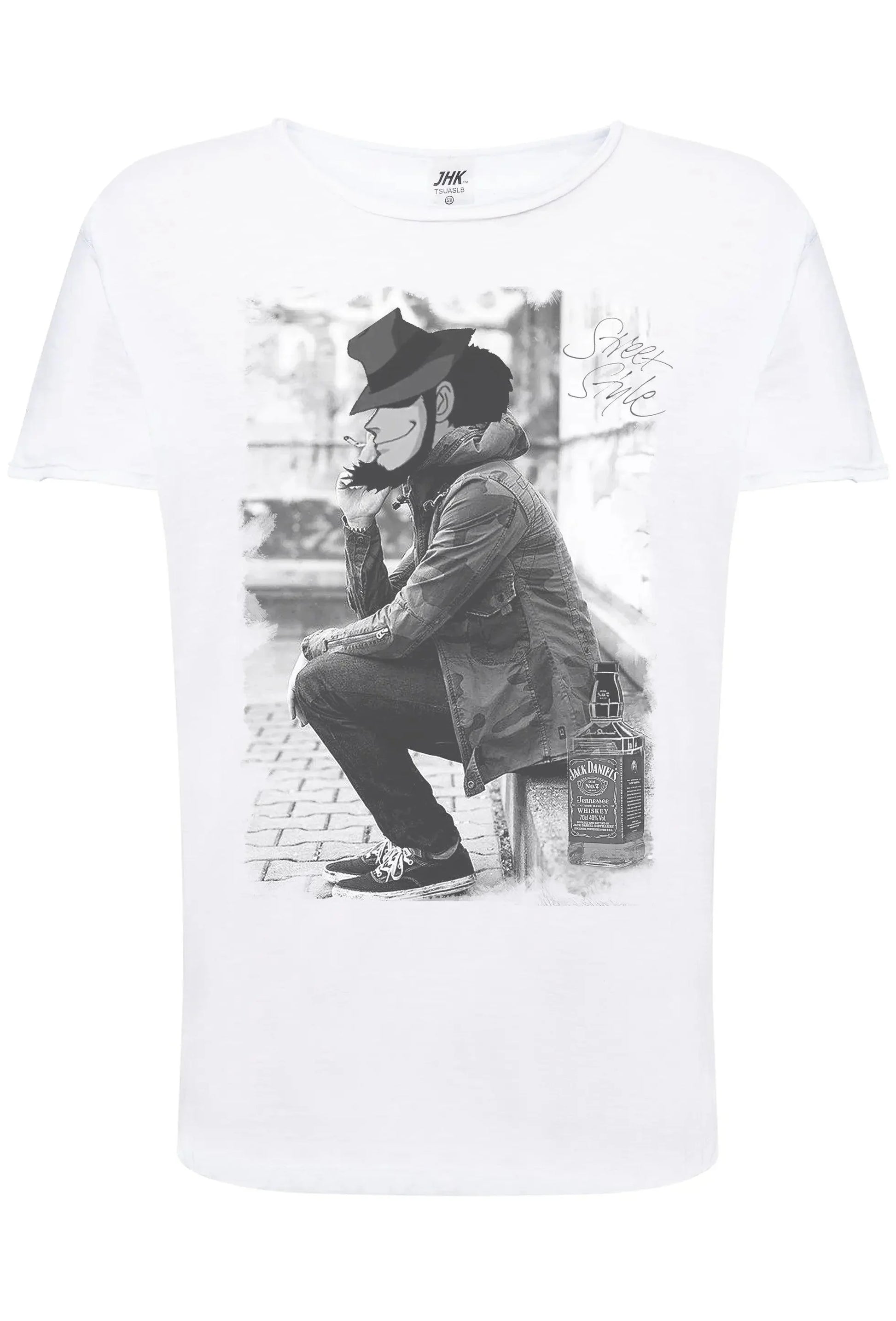 T-shirt bianca streetwear uomo, stampa urban grigia con personaggio cartoon e stile street style.