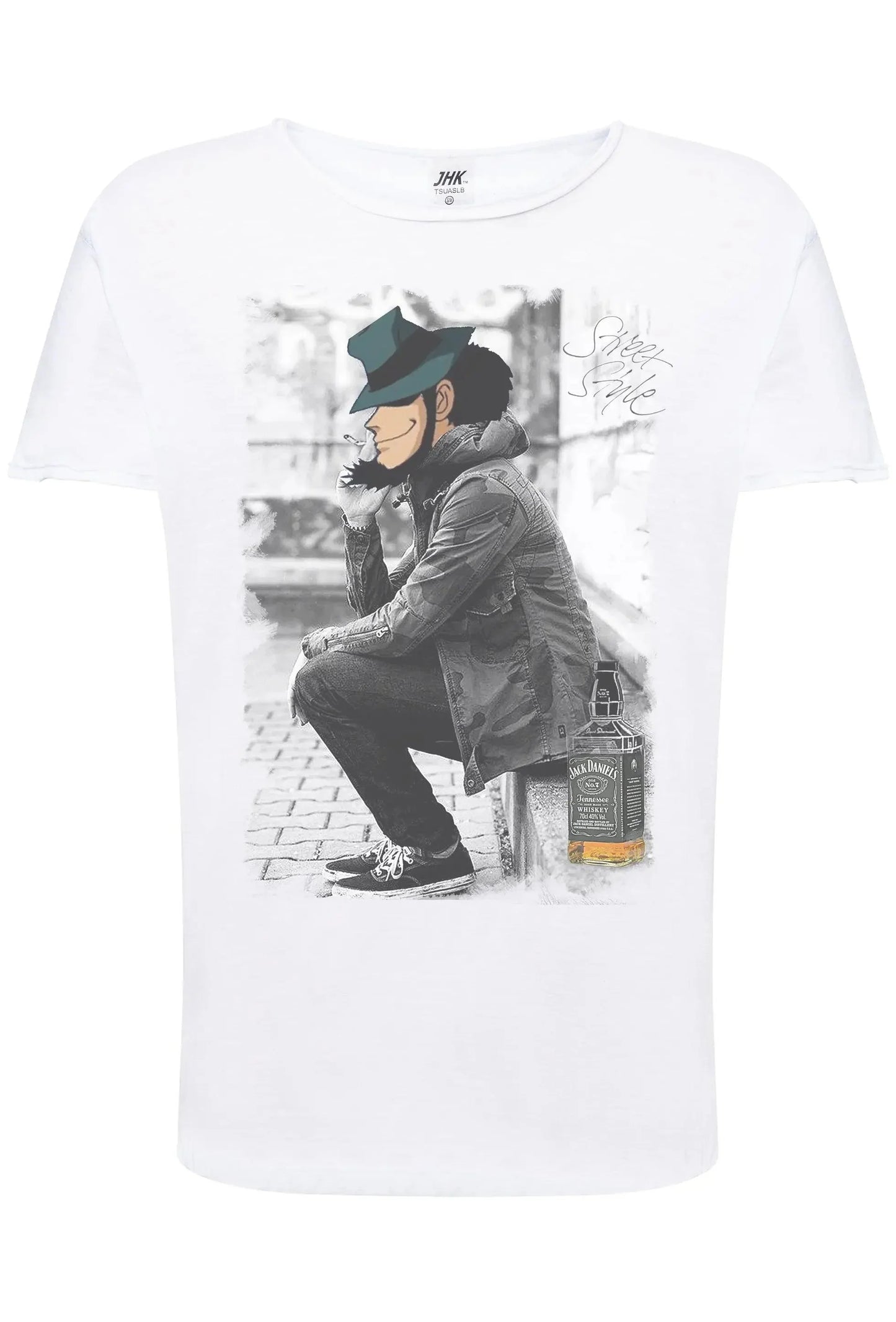 T-shirt streetwear bianca con stampa uomo in stile urbano, dettaglio cartoon e colore grigio fiammato.