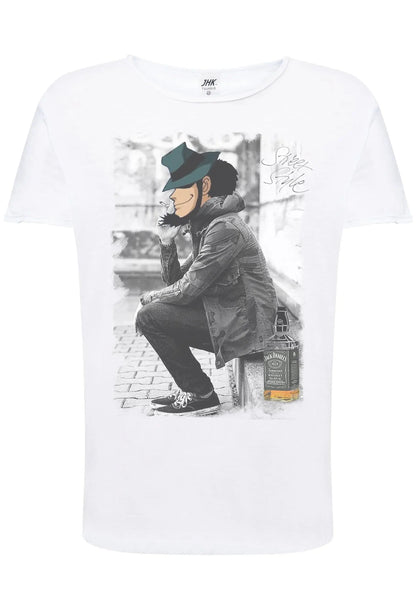 T-shirt bianca cotone con stampa streetwear: personaggio urbano seduto, dettagli grigi, stile urban.