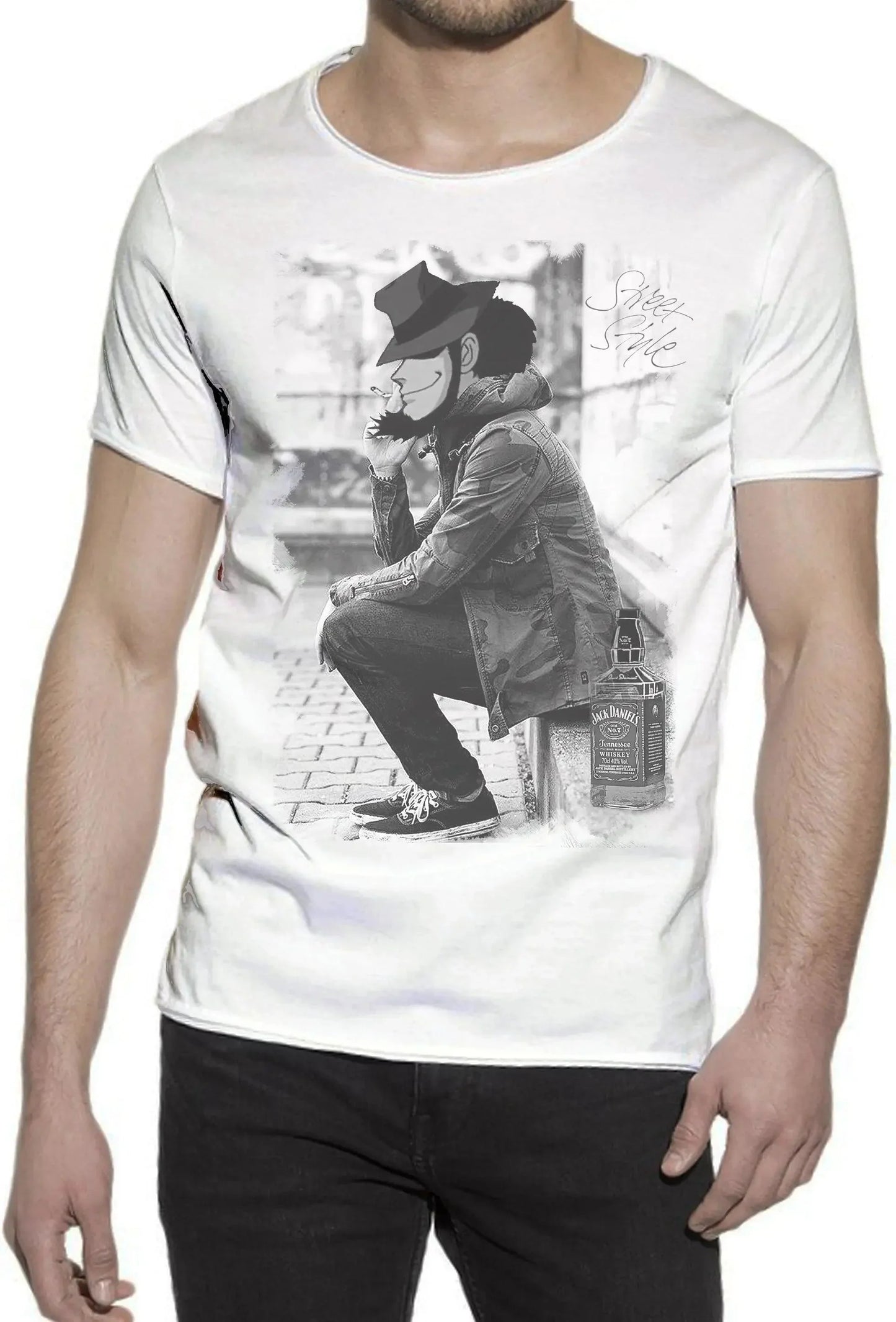 T-shirt streetwear bianca uomo, stampa urbana con personaggio in giacca e cappello stile street style Rimini.