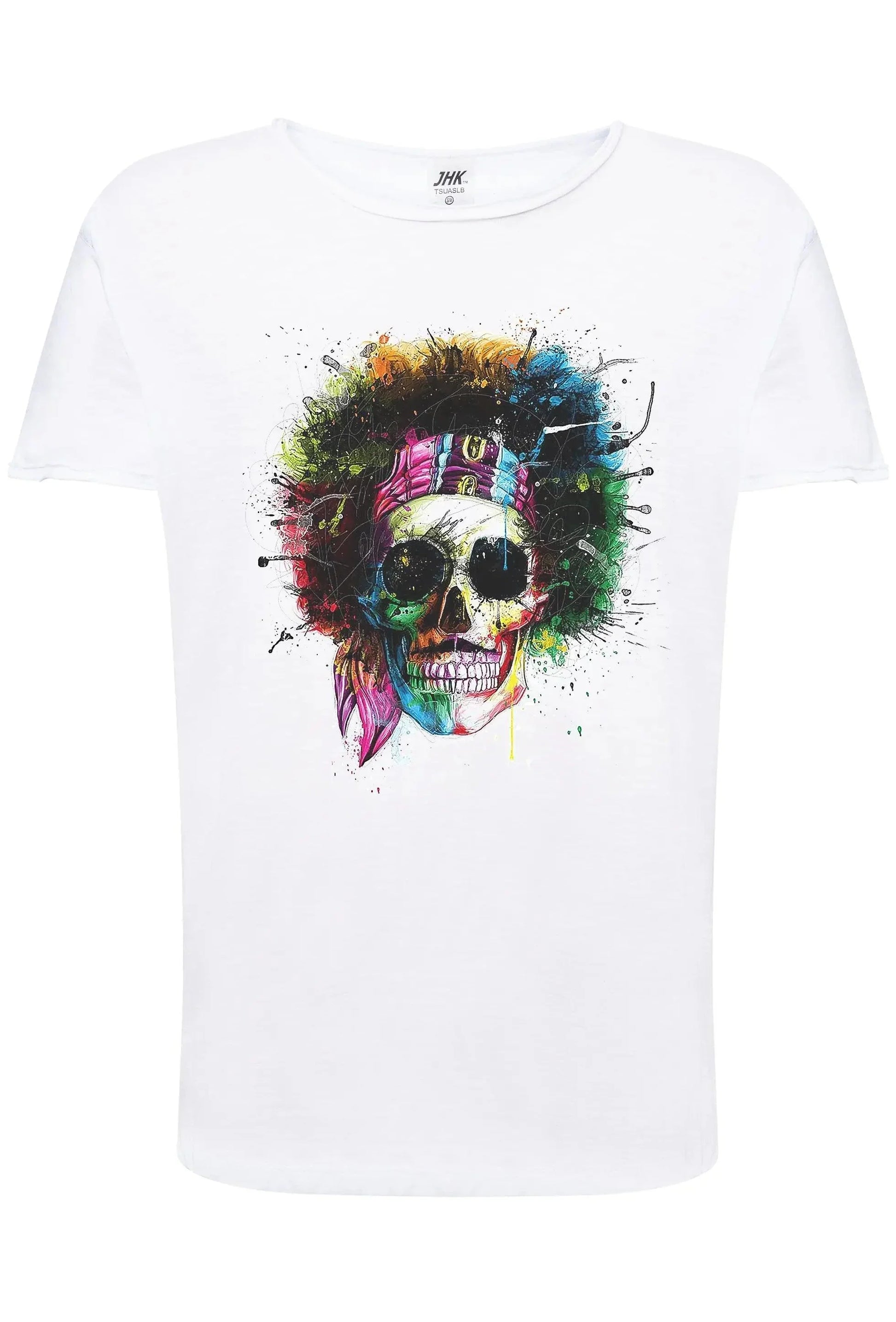 T-shirt bianca streetwear con stampa teschio colorato afro e bandana, stile urban moda uomo.