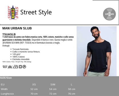 T-shirt uomo nera streetwear in cotone fiammato, maniche corte, stile urban casual