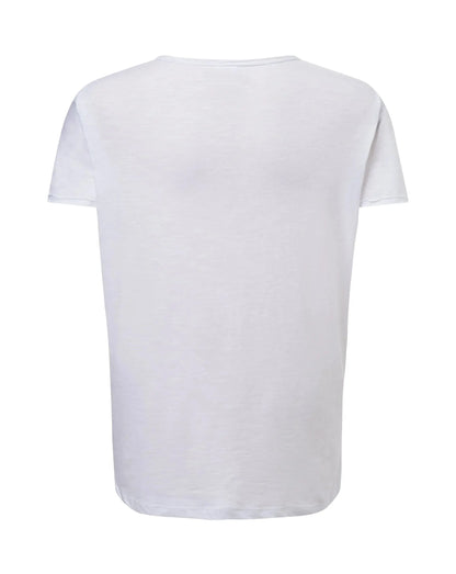 Maglietta uomo bianca in cotone fiammato, maniche corte, stile streetwear urban.