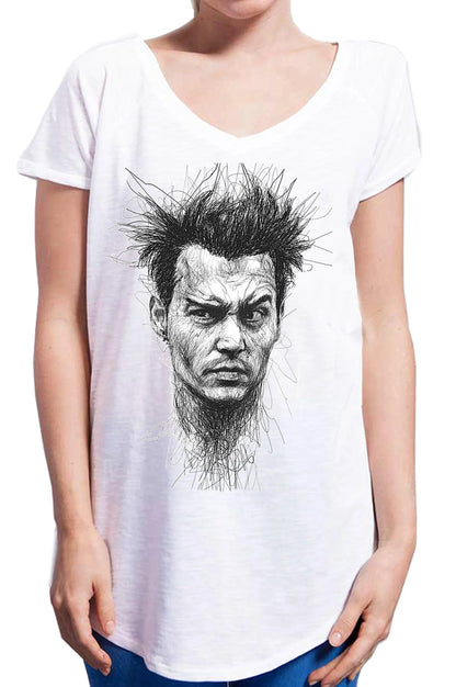 T-shirt donna streetwear bianca con ritratto stilizzato, stile urban, moda Street Style Rimini