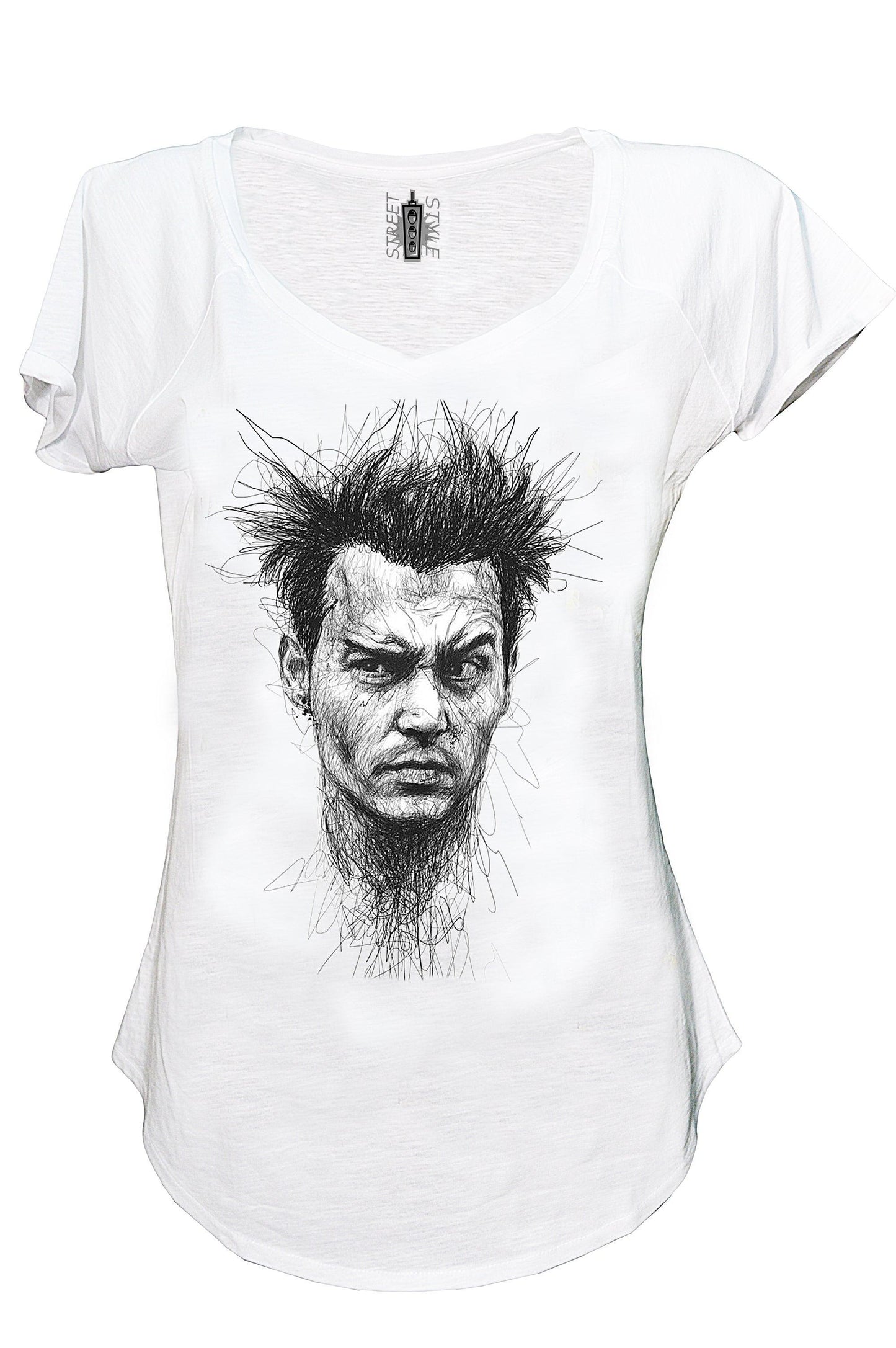 T-shirt bianca donna streetwear con ritratto stilizzato urban su cotone fiammato