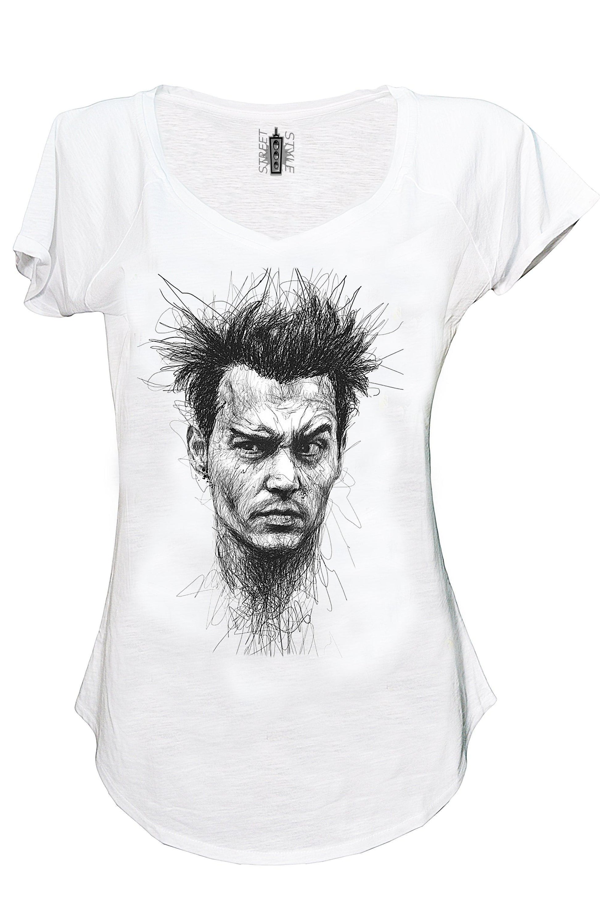 T-shirt bianca donna streetwear con ritratto stilizzato urban su cotone fiammato