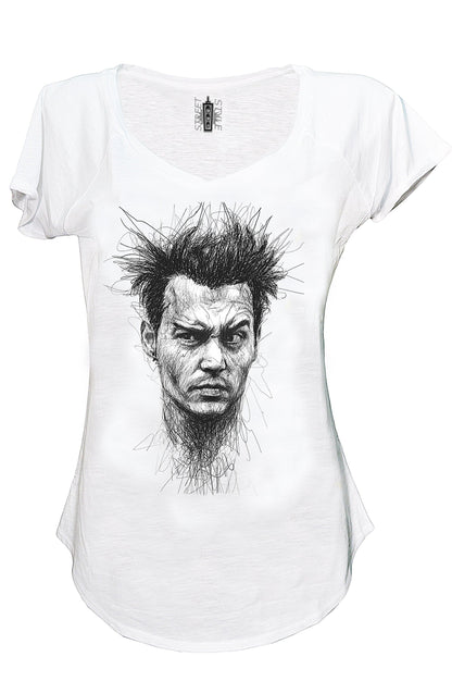 T-shirt bianca donna in cotone fiammato con stampa urban stilizzata di volto maschile, streetwear