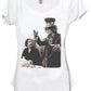 T-shirt bianca streetwear donna, stampa urban in bianco e nero di due personaggi iconici