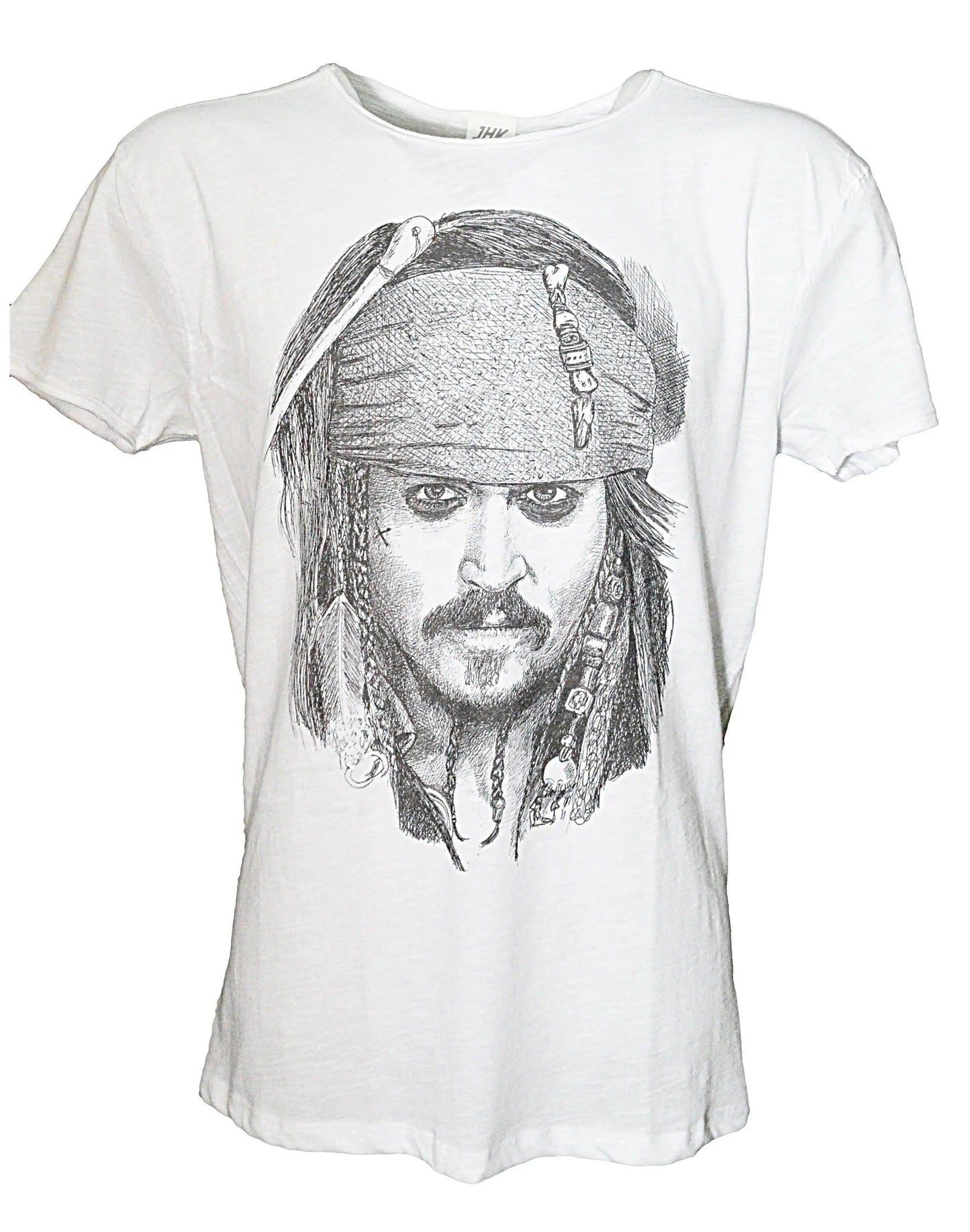 T-shirt uomo bianca cotone fiammato con disegno street style stile pirata, moda urban