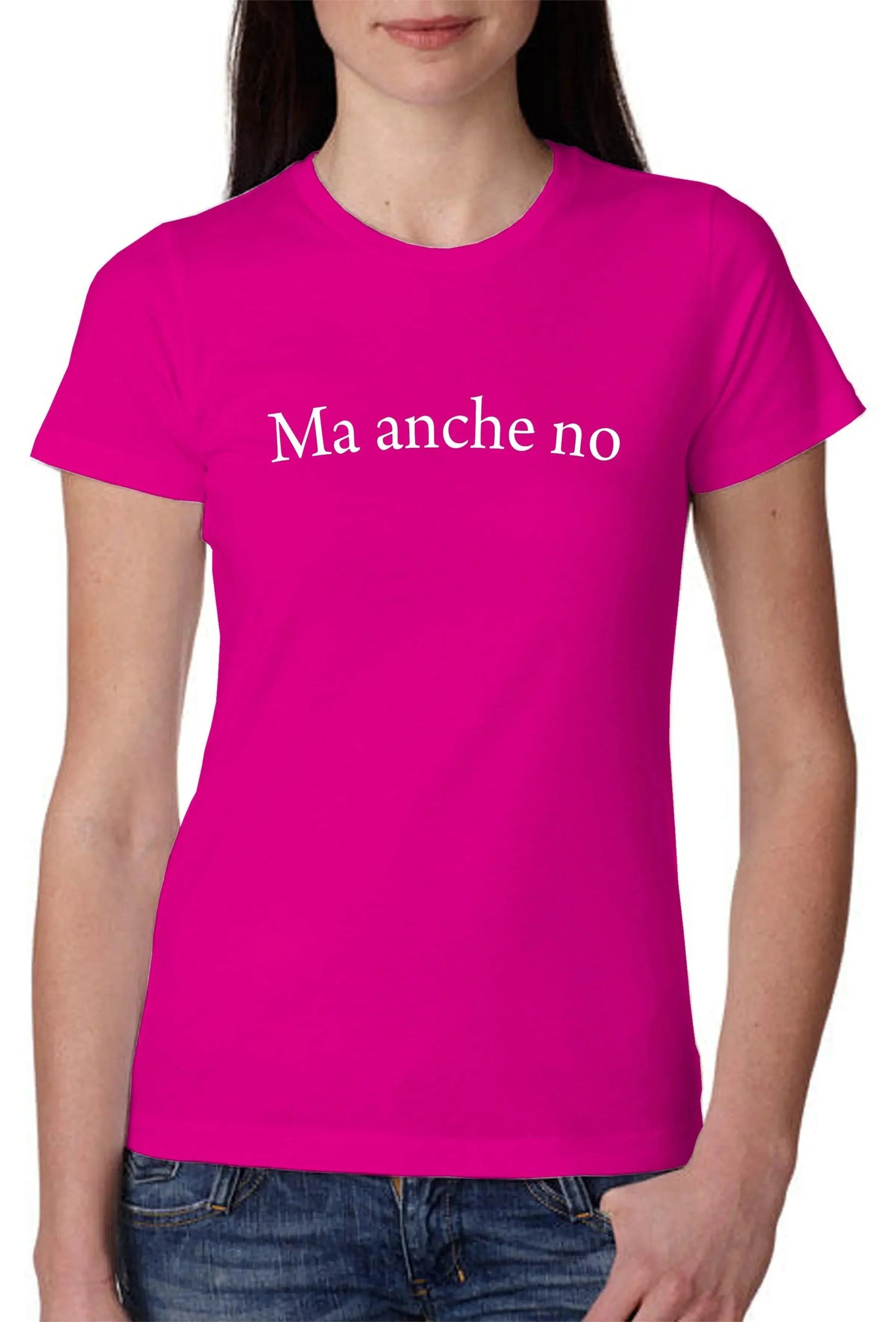 T-shirt donna fucsia streetwear in cotone con scritta Ma anche no, stile street style