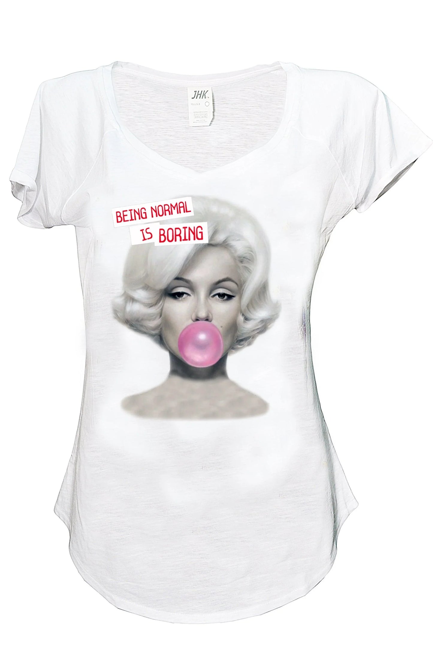 T-shirt bianca streetwear donna con stampa pop art e scritta Being normal is boring