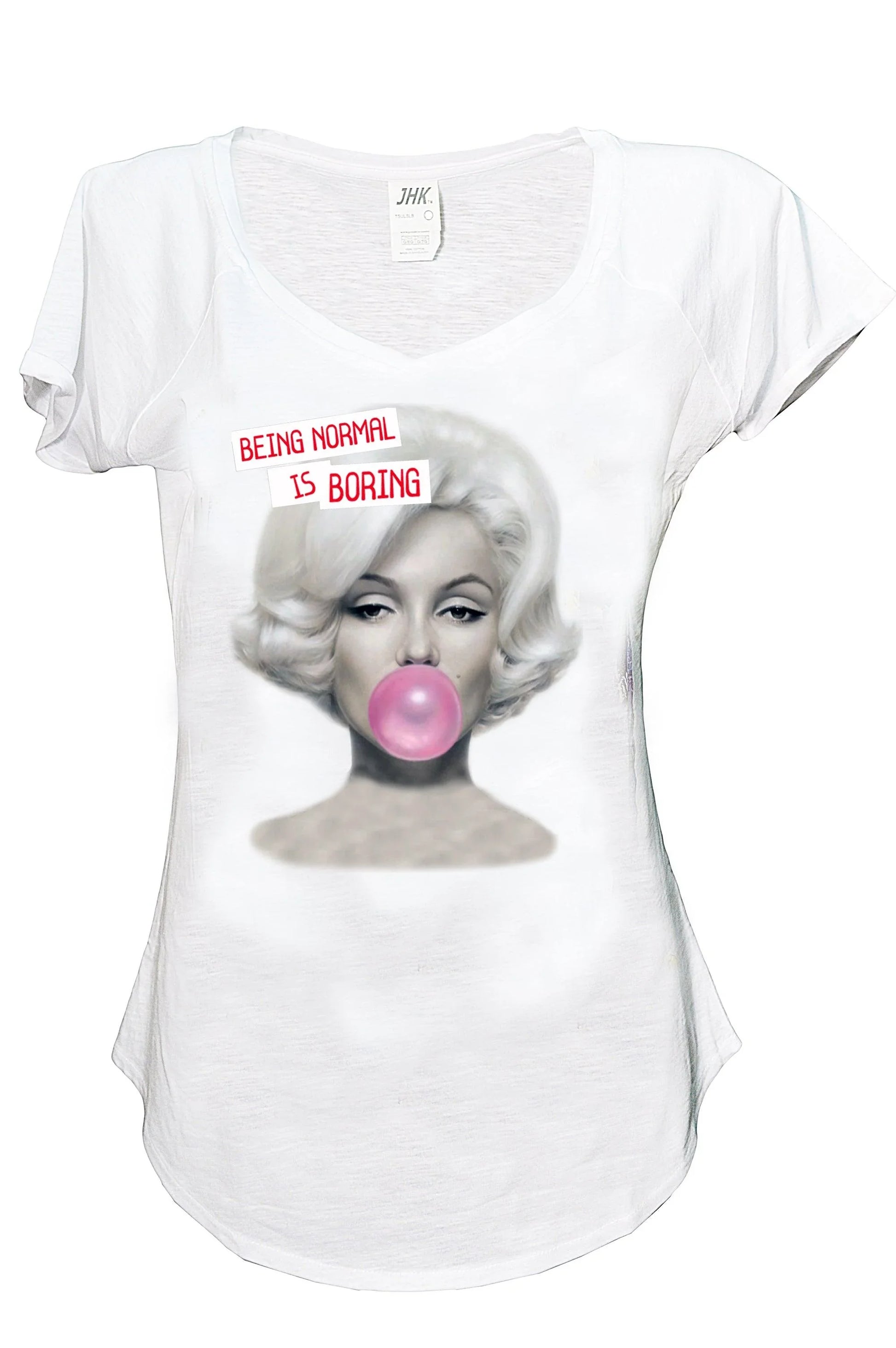 T-shirt bianca streetwear donna con stampa pop art e scritta Being normal is boring