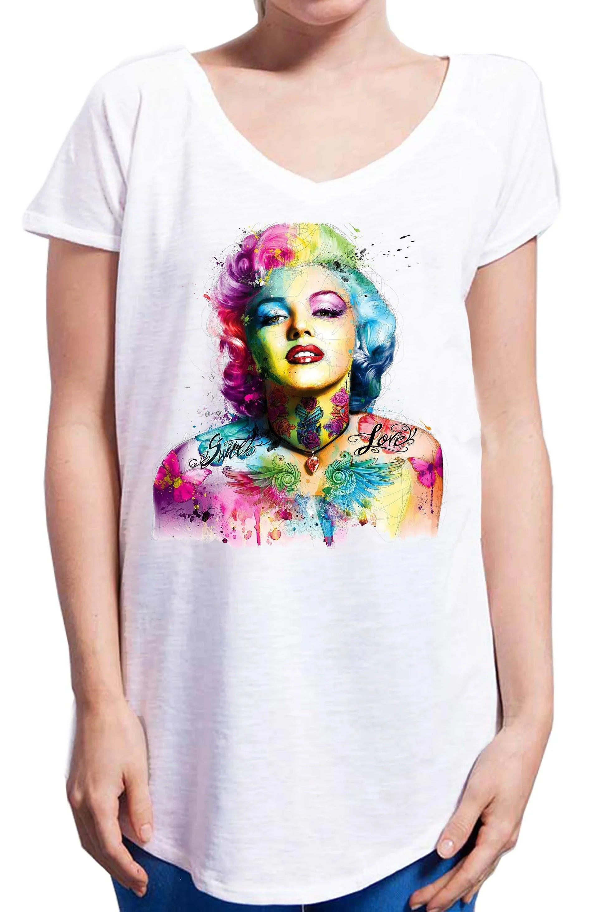 T-shirt donna bianca streetwear con stampa stilizzata colorata di icona pop art urban